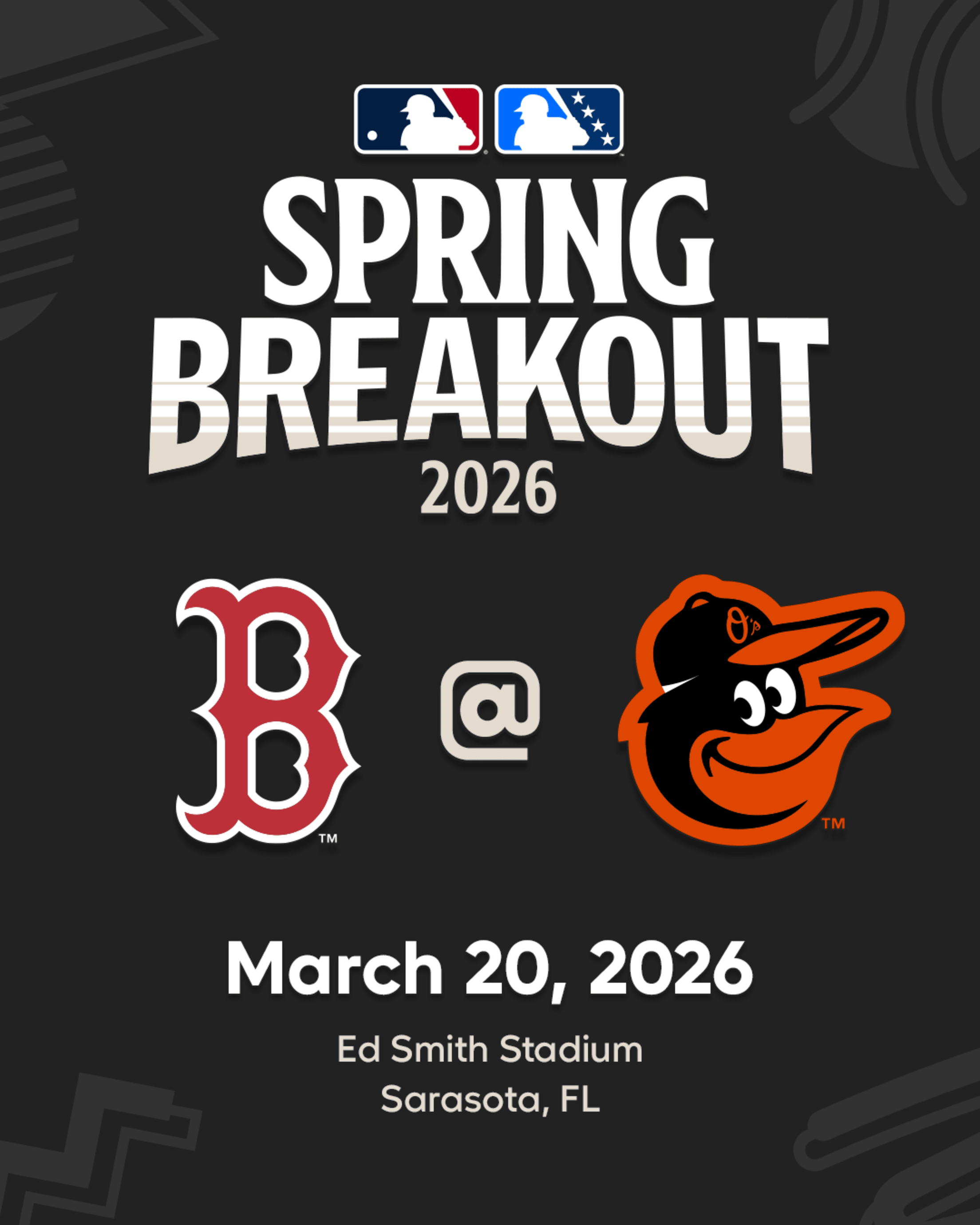 2026 MLB Spring Breakout game - Boston Red Sox Prospects vs. Baltimore Orioles Prospects. March 20, 2026 at Ed Smith Stadium in Sarasota, Florida.
