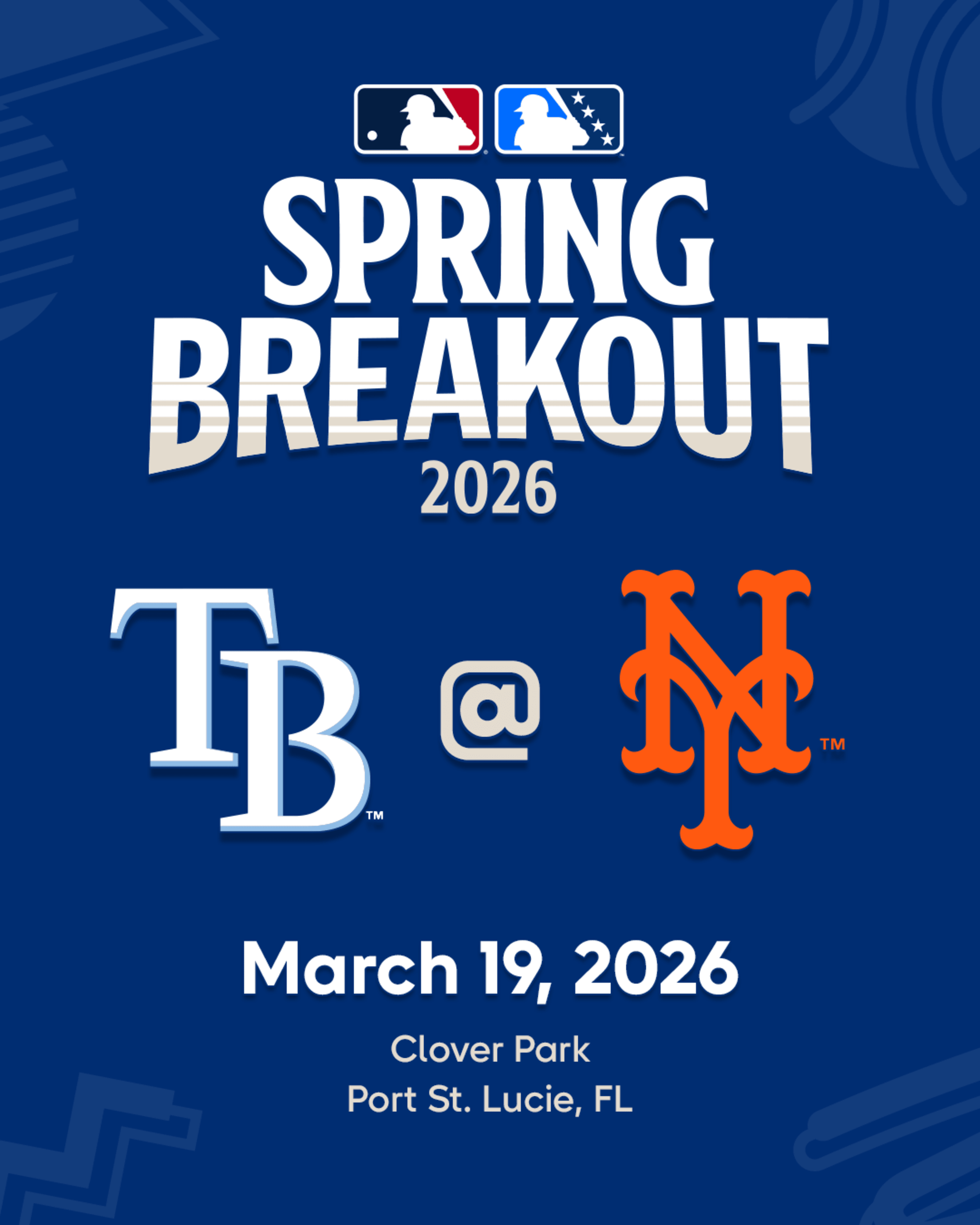 2026 MLB Spring Breakout game - Tampa Bay Rays Prospects vs. New York Mets Prospects. March 19, 2026 at Clover Park in Port St. Lucie, Florida.