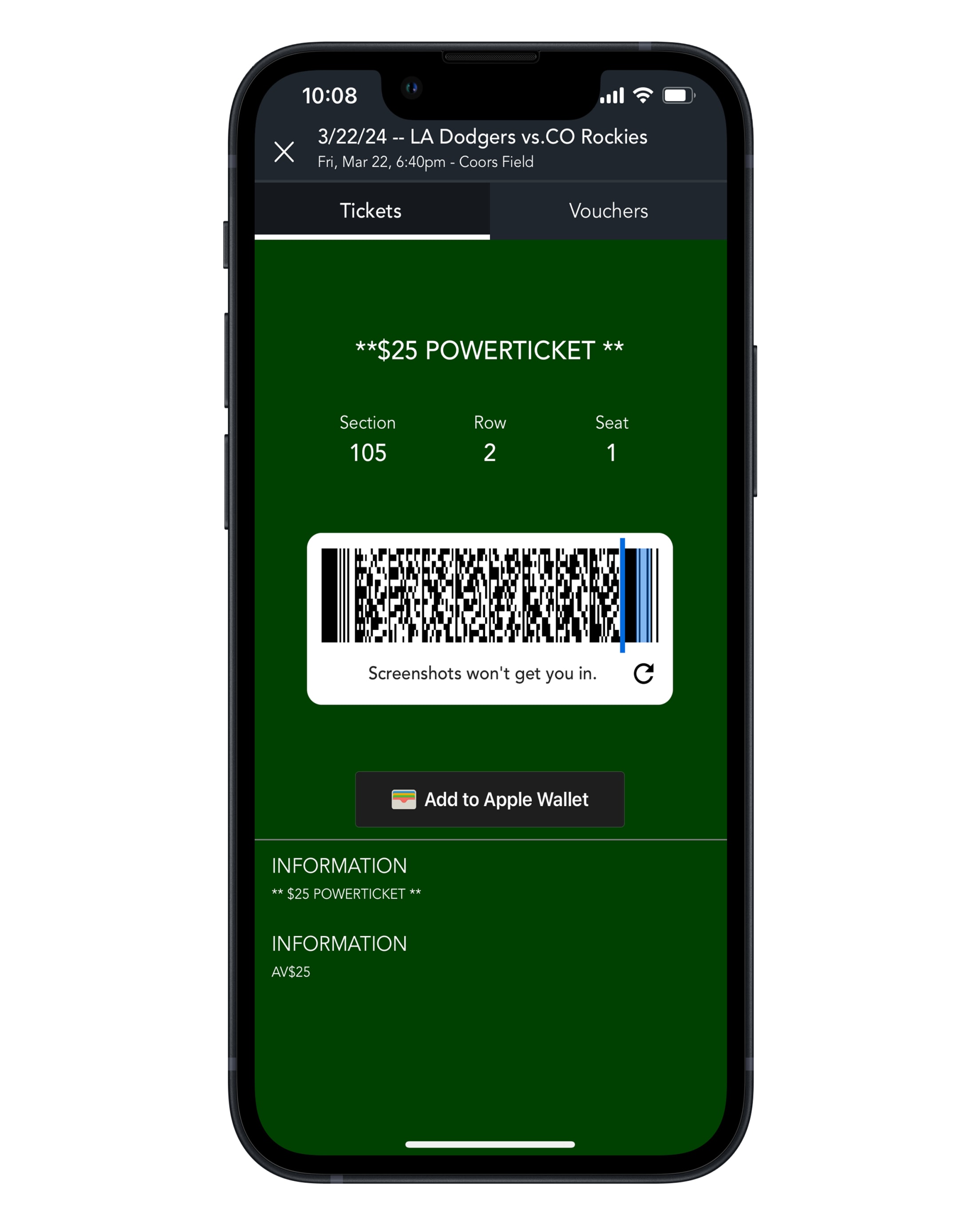 Colorado Rockies Ballpark app screenshot: Get tickets, view ticket details, and voucher events in order to access your power ticket barcode on an apple device