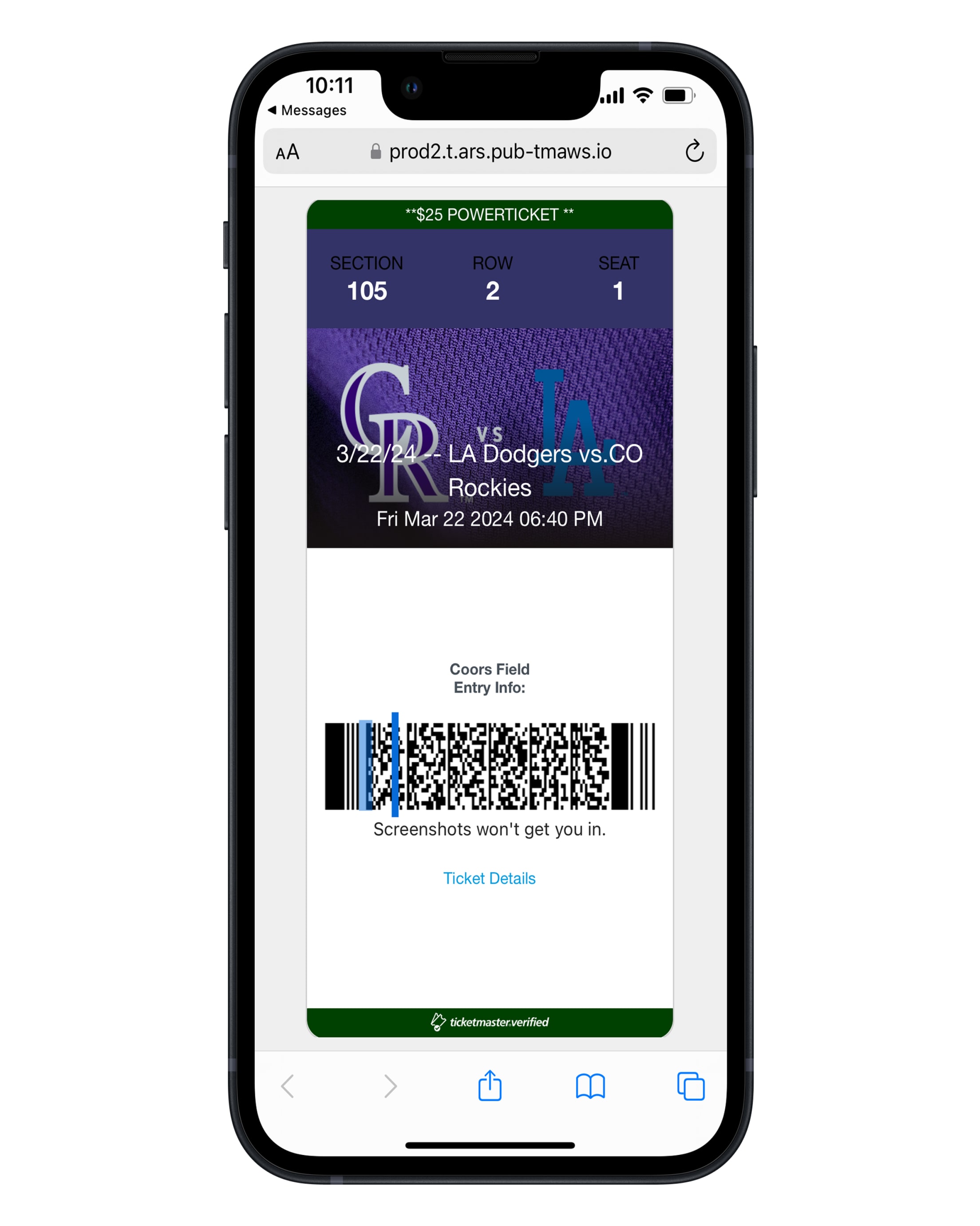 Colorado Rockies Ballpark app screenshot: Get tickets, view ticket details, and voucher events in order to access your power ticket barcode on an apple device