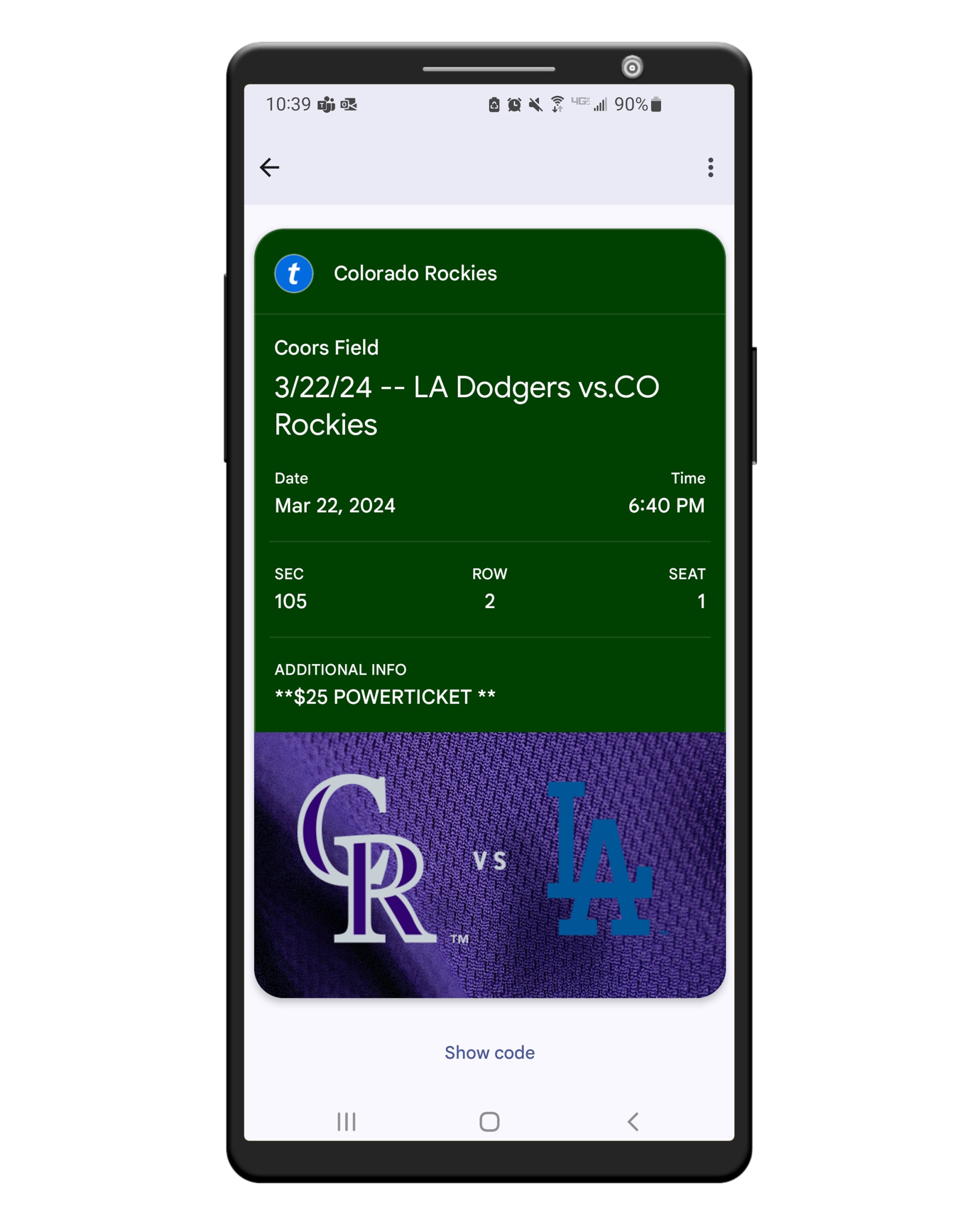 Colorado Rockies Ballpark app screenshot: Get tickets, view ticket details, and access your power ticket barcode on an android device