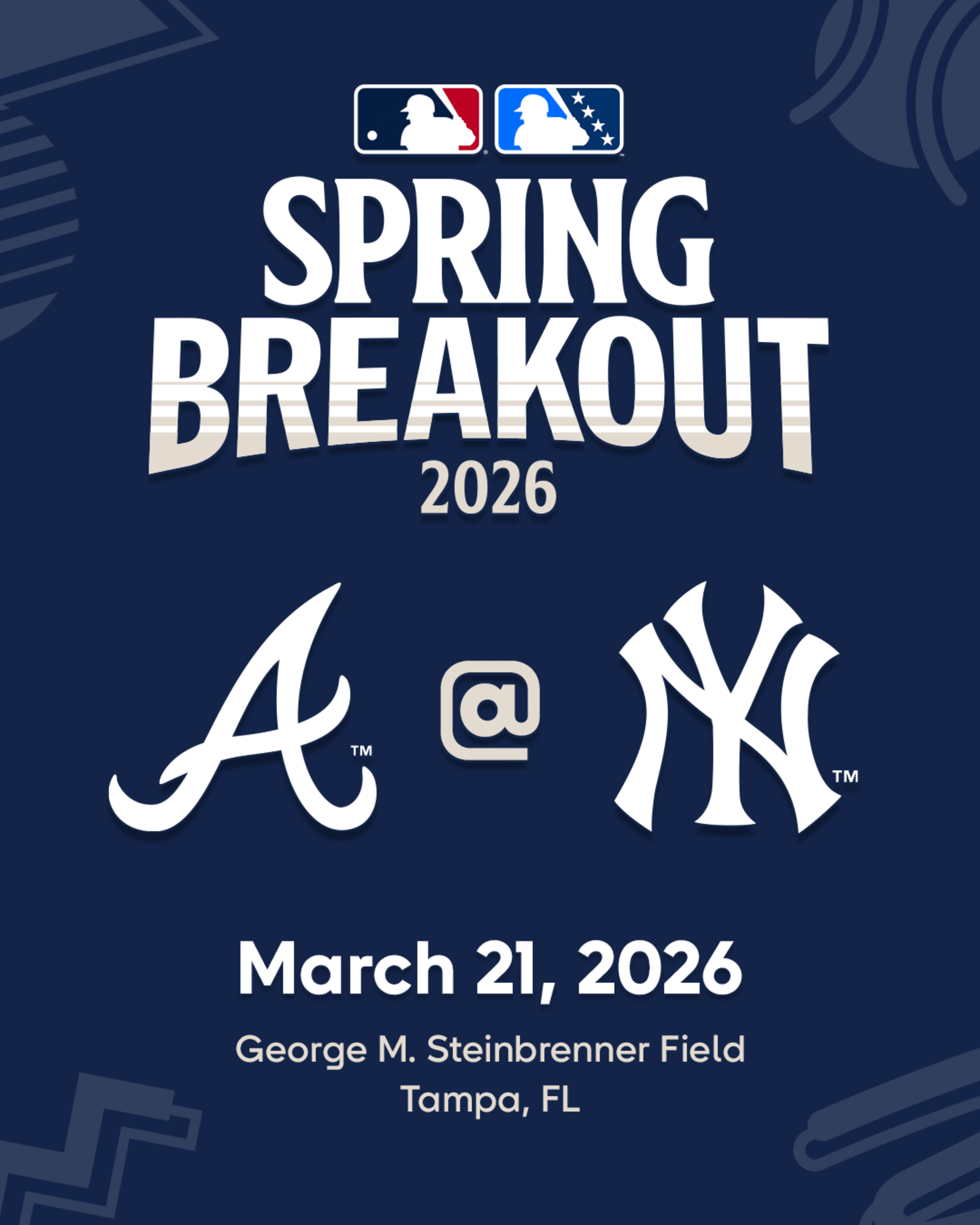2026 MLB Spring Breakout game - Atlanta Braves Prospects vs. New York Yankees Prospects. March 21, 2026 at George M. Steinbrenner Field in Tampa, Florida.