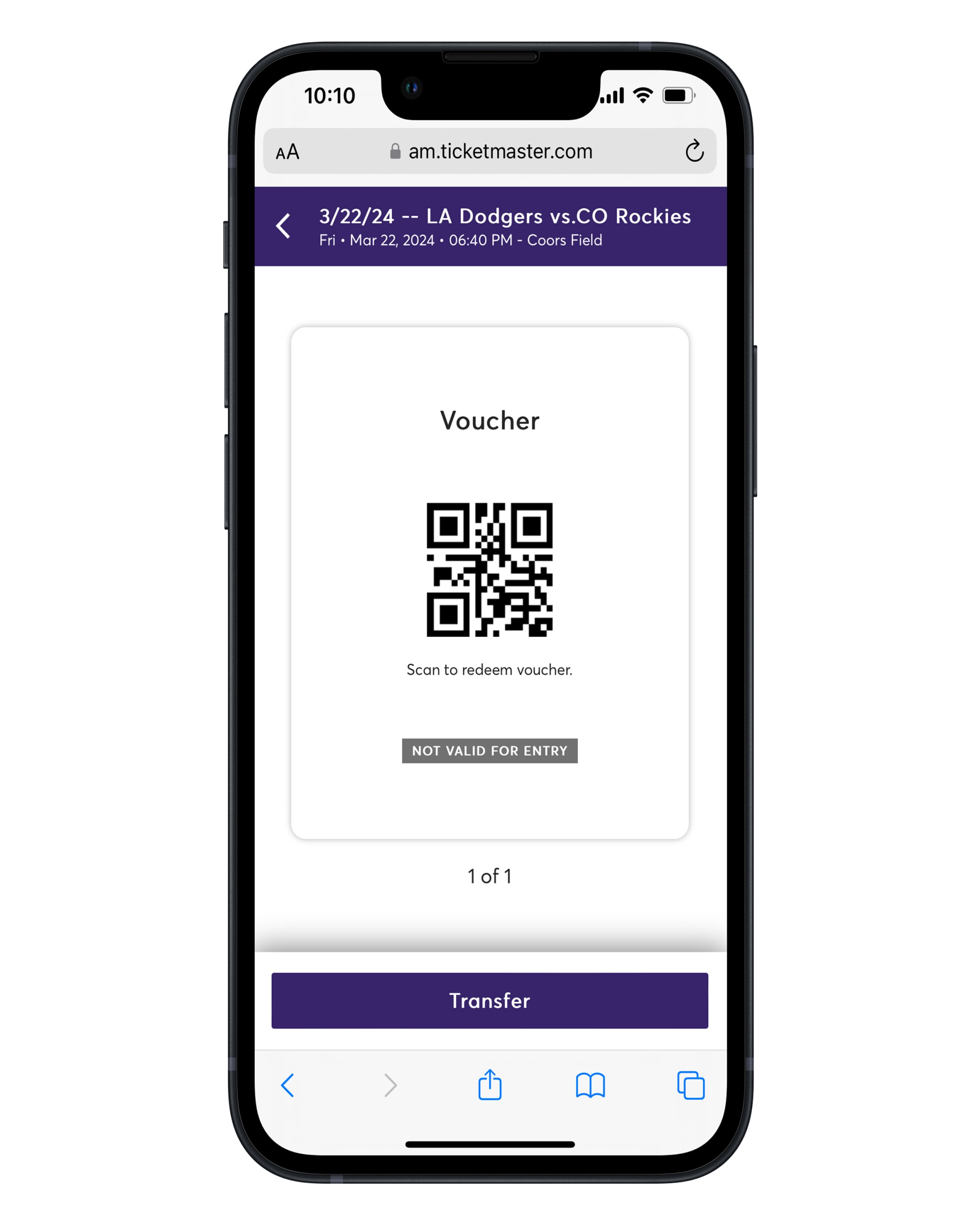 Colorado Rockies Ballpark app screenshot: View voucher event details to show QR code to scan power ticket value on apple device