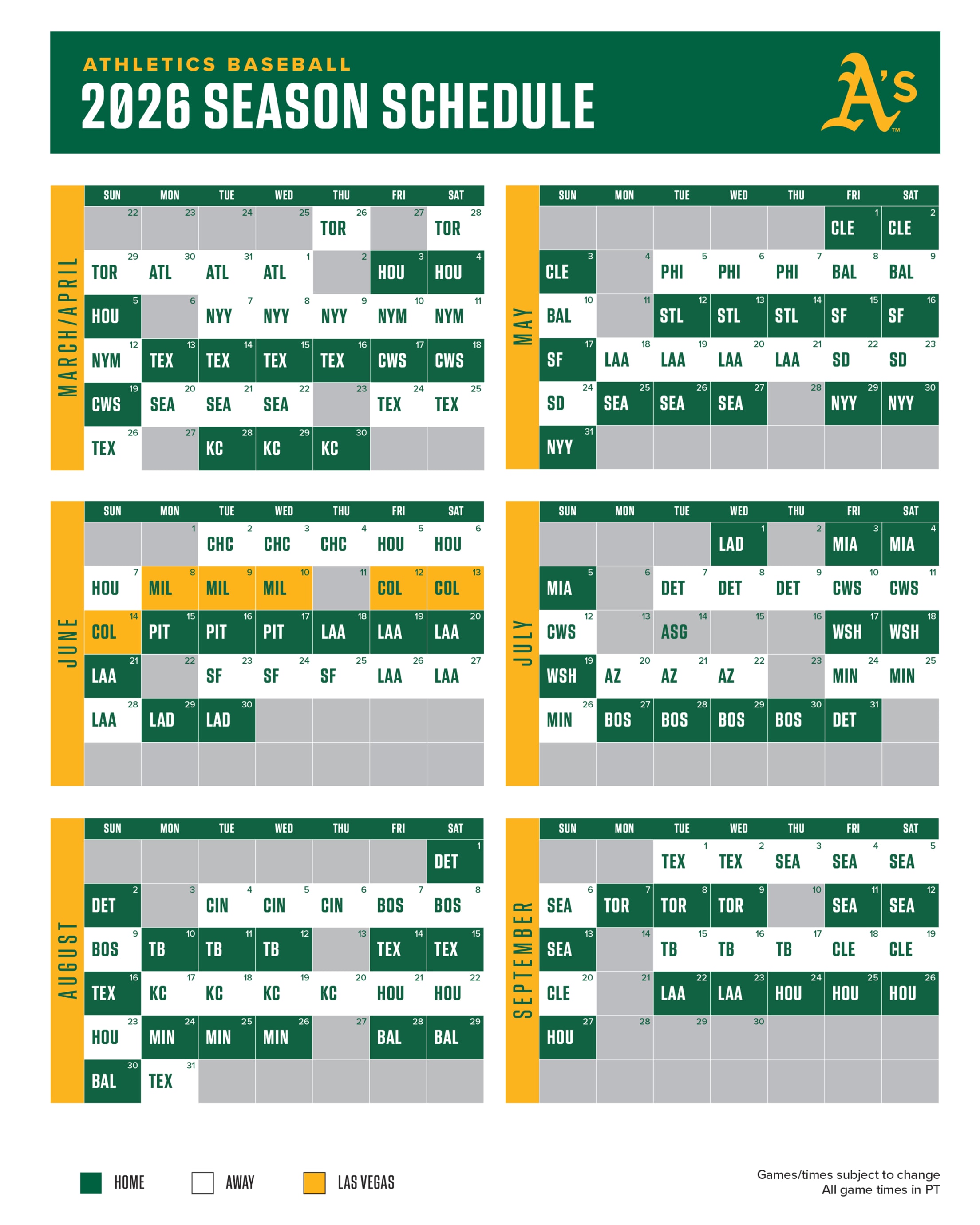 Athletics Baseball 2026 Regular Season Schedule