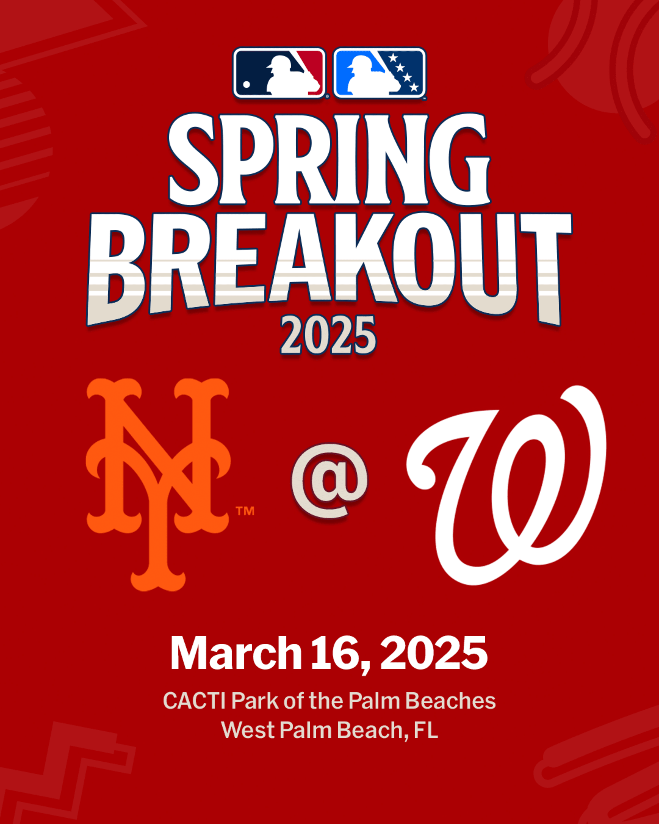 2025 MLB Spring Breakout game - New York Mets Prospects vs. Washington Nationals Prospects. March 16, 2025 at CACTI Park of the Palm Beaches in West Palm Beach, Florida.