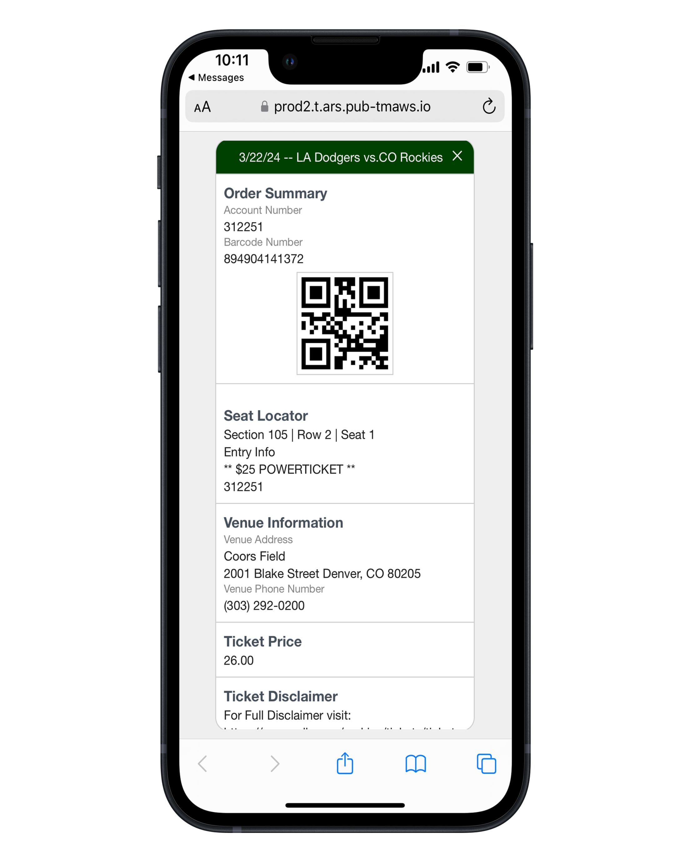 Colorado Rockies Ballpark app screenshot: View voucher event details to show QR code to scan power ticket value on apple device