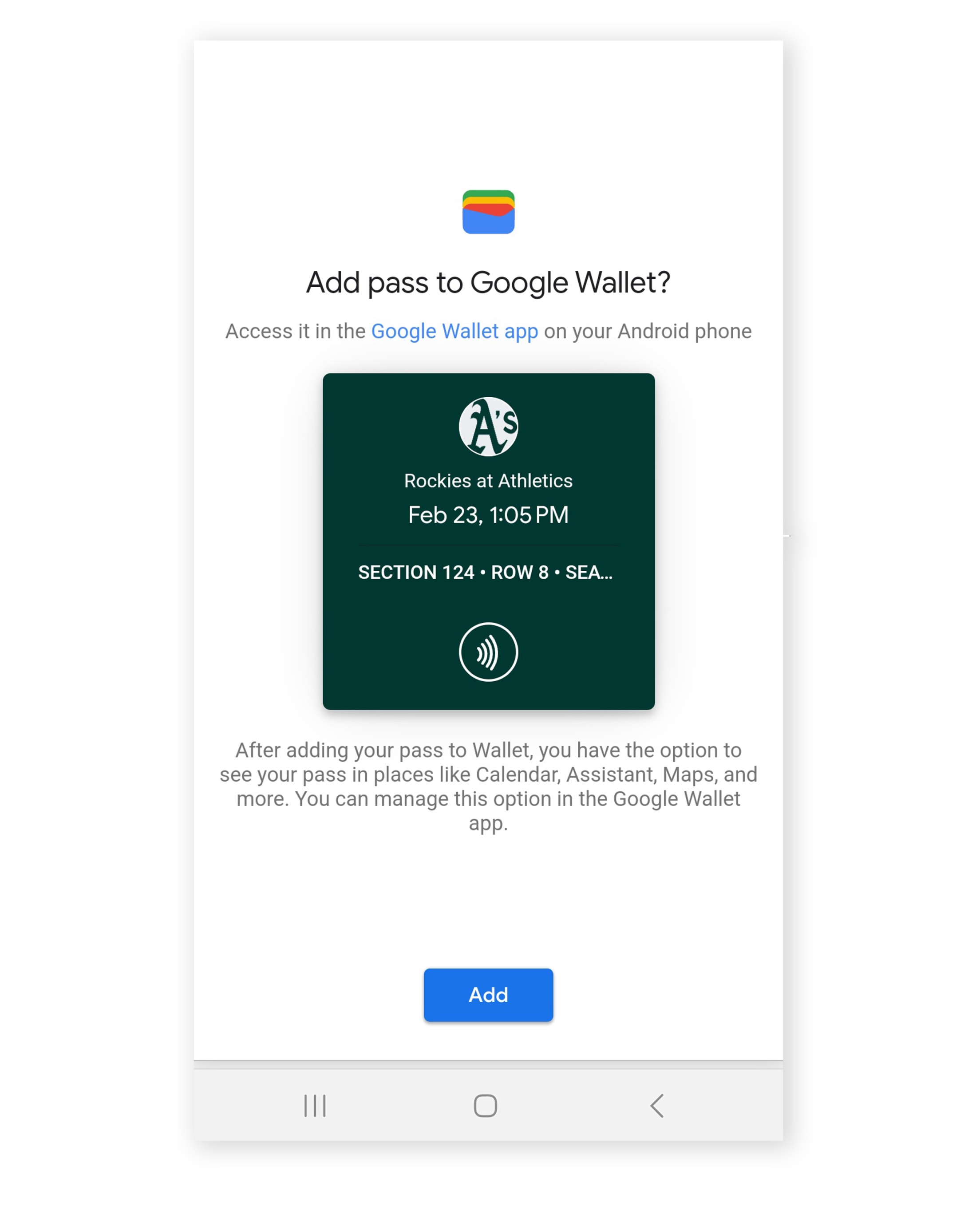 Click Add - Adding to Google Wallet