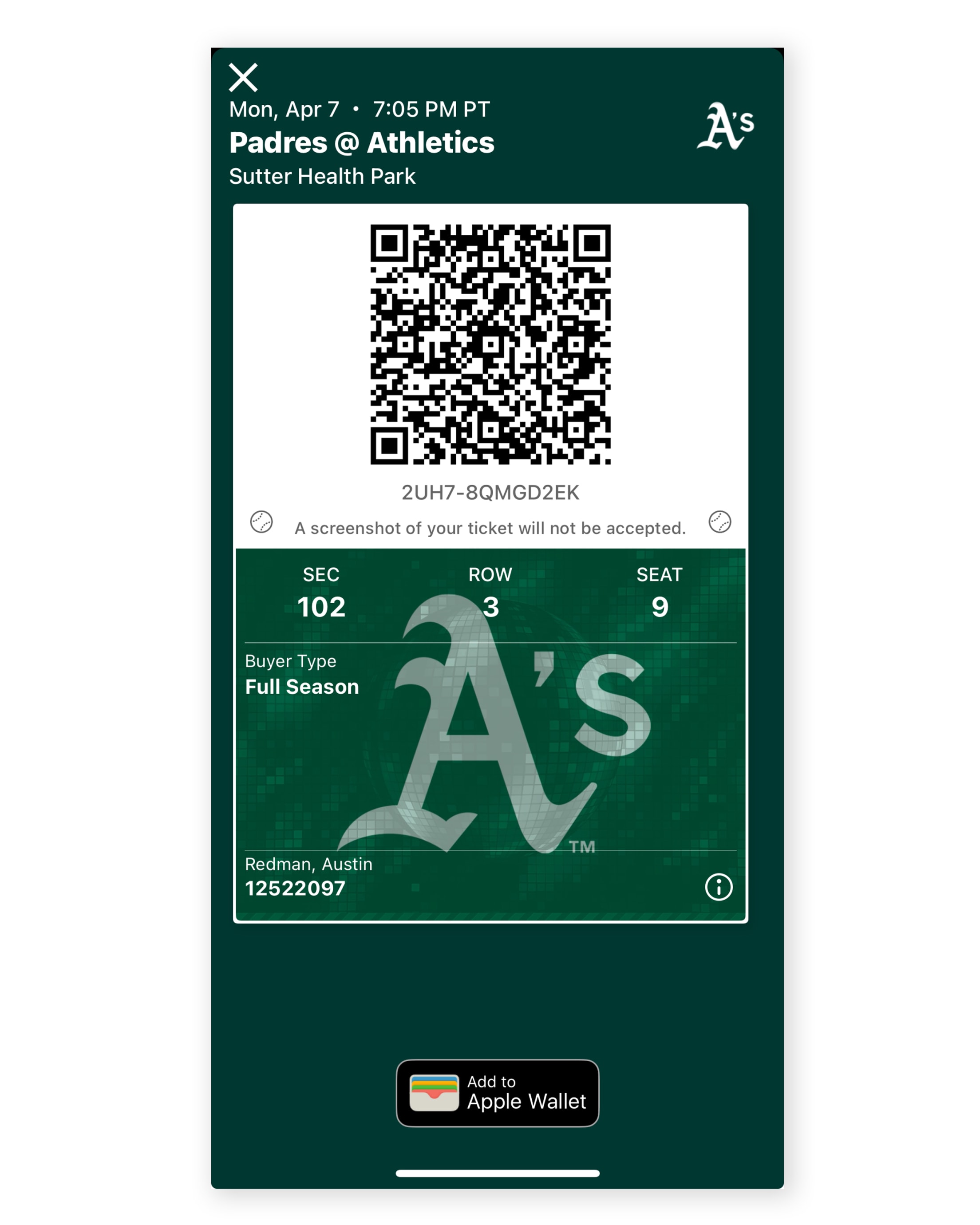 Choose Add to Apple Wallet and then select Add to confirm.