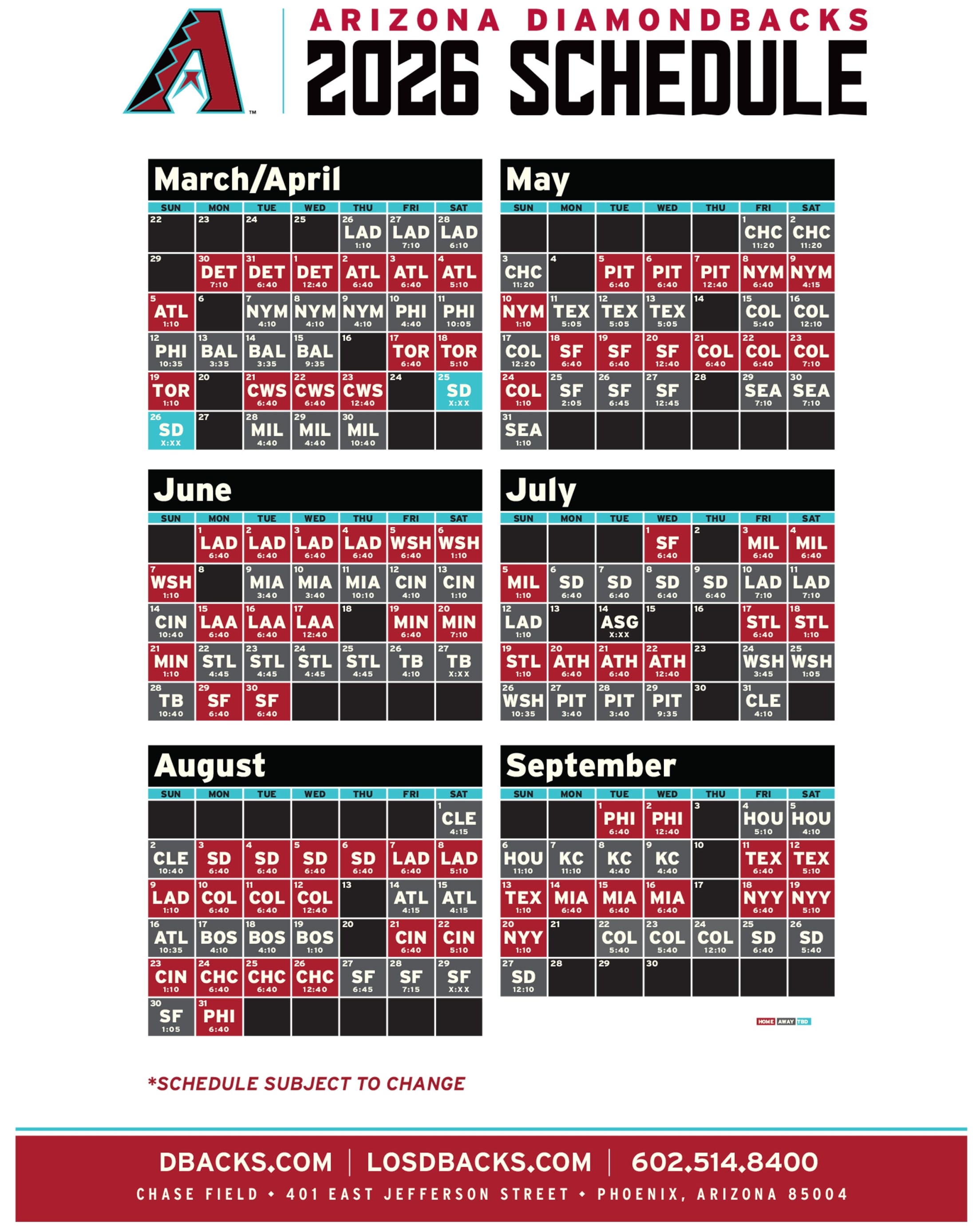 2026 Arizona Diamondbacks Schedule