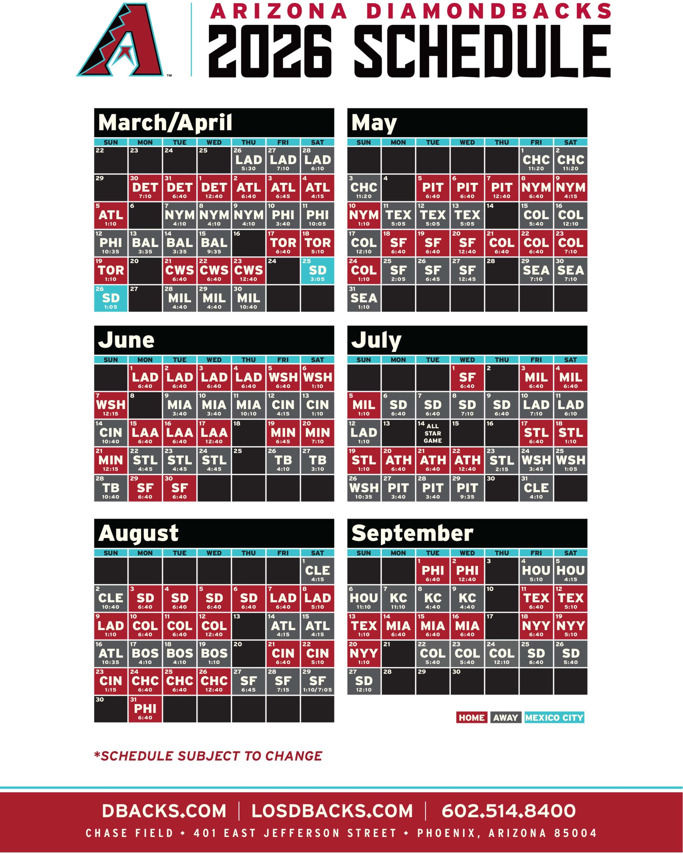 2026 Arizona Diamondbacks Schedule