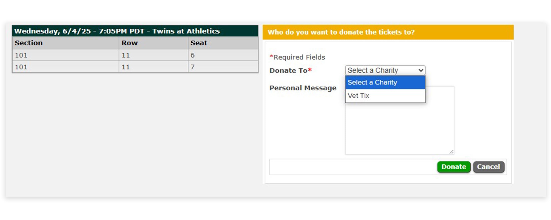 Choose "Vet Tix" from the dropdown, add an optional message if you like, and click "Donate"