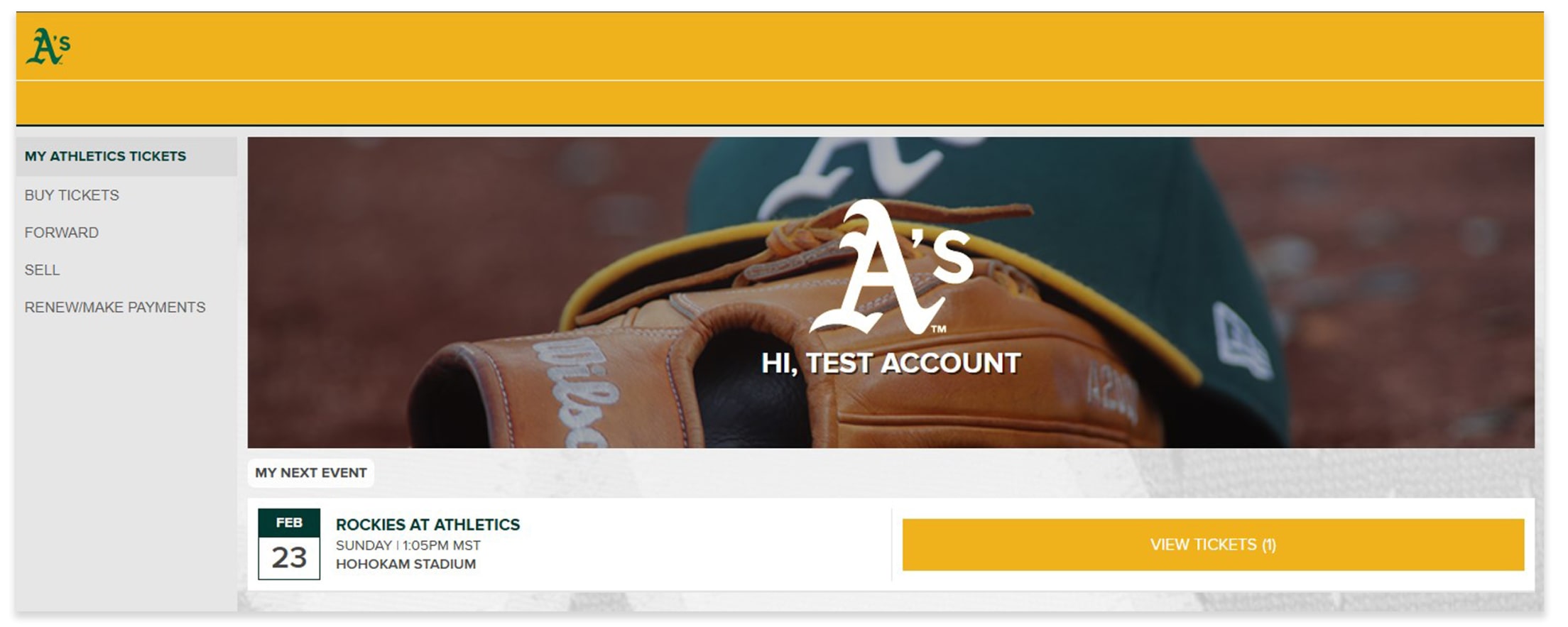 First, log in to My A's Tickets and select the menu icon on mobile or select the FORWARD tab in the left rail of a Desktop view.