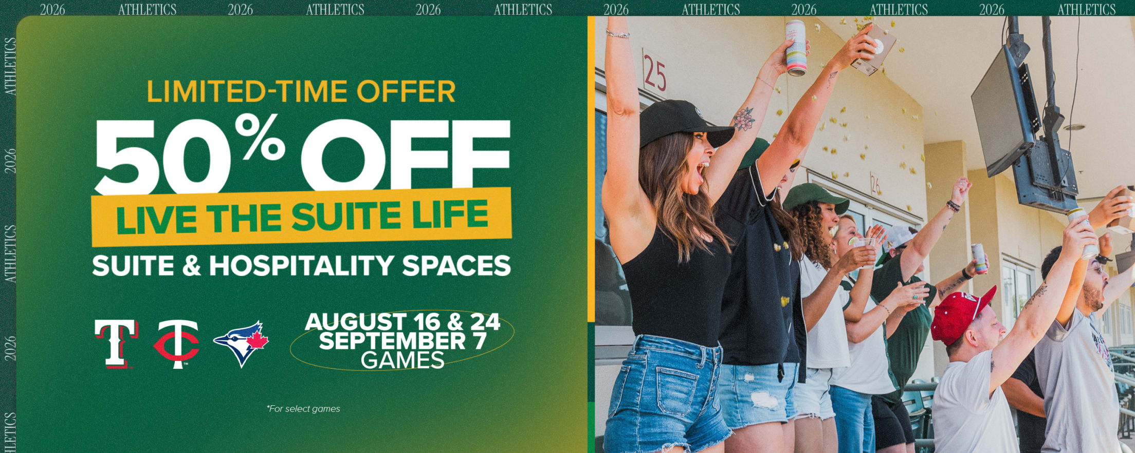 For a limited time, select spaces are available for 50% off across three featured matchups.