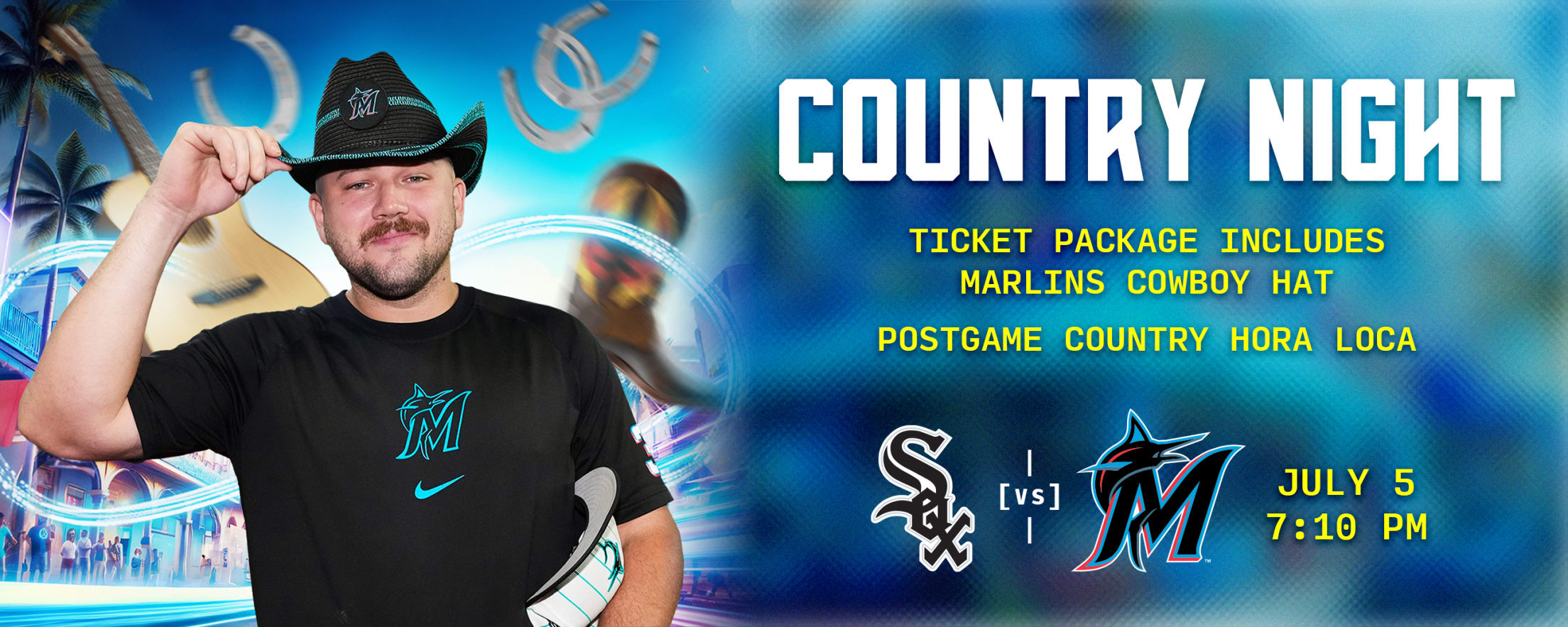 Country Night - Ticket package includes Marlins cowboy hat. Postgame country hora country.