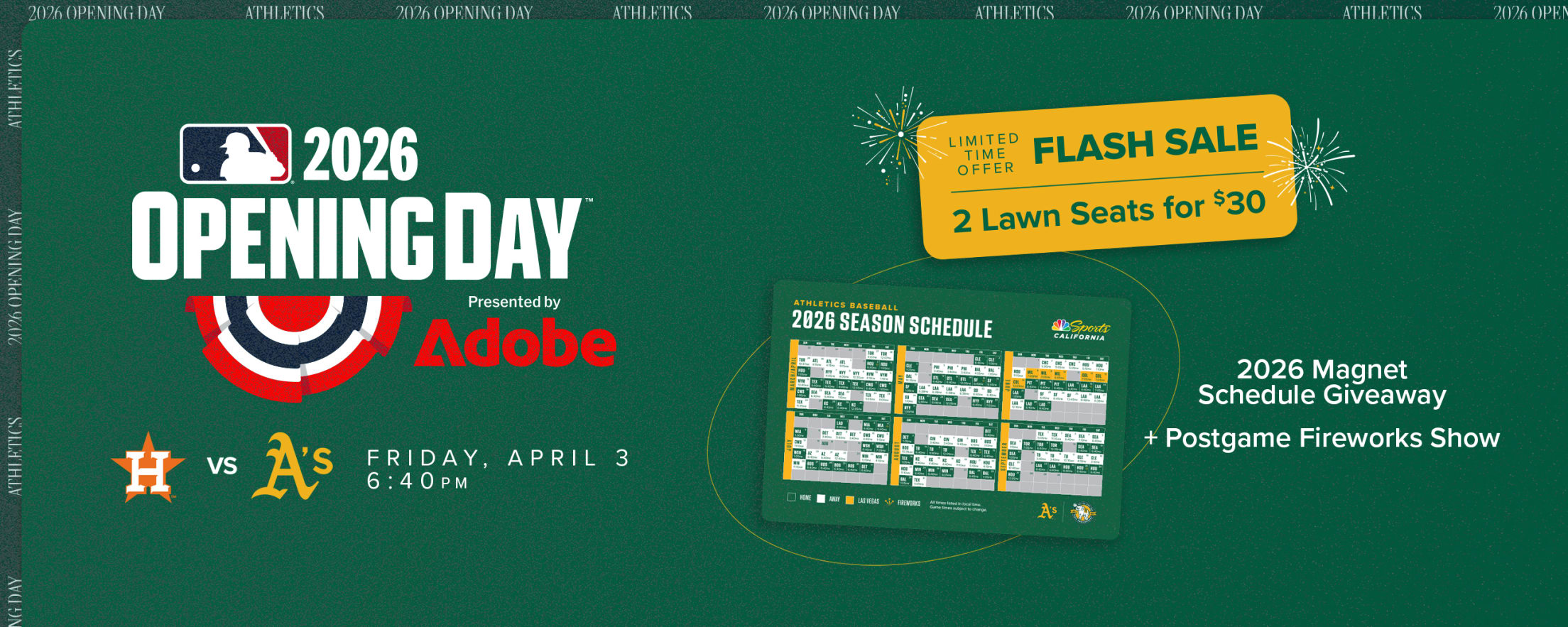 For a limited time, fans can secure 2 Lawn Tickets for just $30 to see the Green & Gold open the 2026 season against the Houston Astros on Friday, April 3 at 6:40 PM.