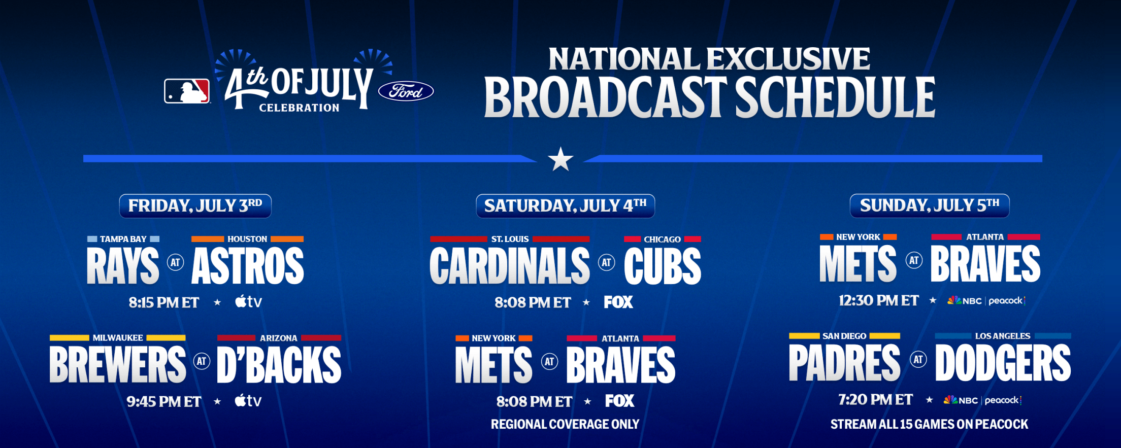 National Exclusive Broadcast Schedule -- Friday, July 3: Rays @ Astros and Brewers @ D-backs ... Saturday, July 4: Cardinals @ Cubs and Mets @ Braves ... Sunday, July 5: Mets @ Braves and Padres @ Dodgers
