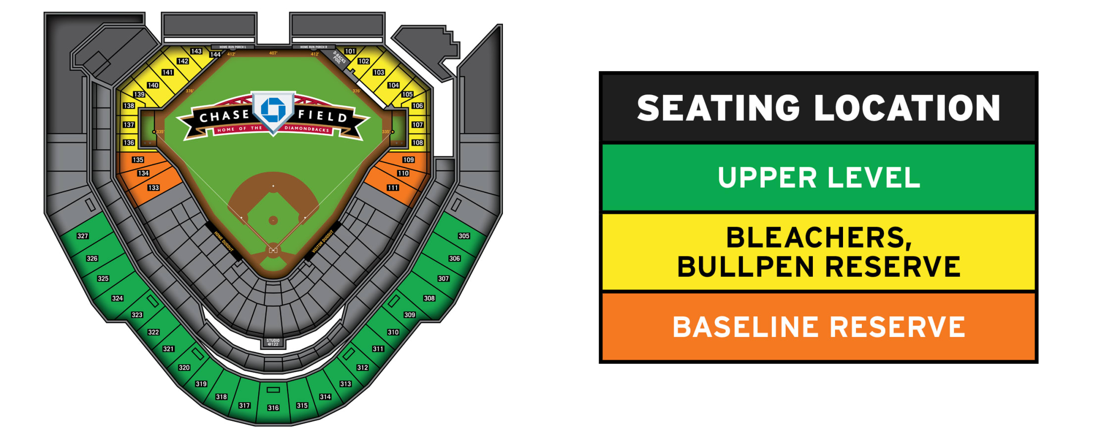 Field Trip Day seating map and locations: upper level, bleachers and bullpen reserve, baseline reserve