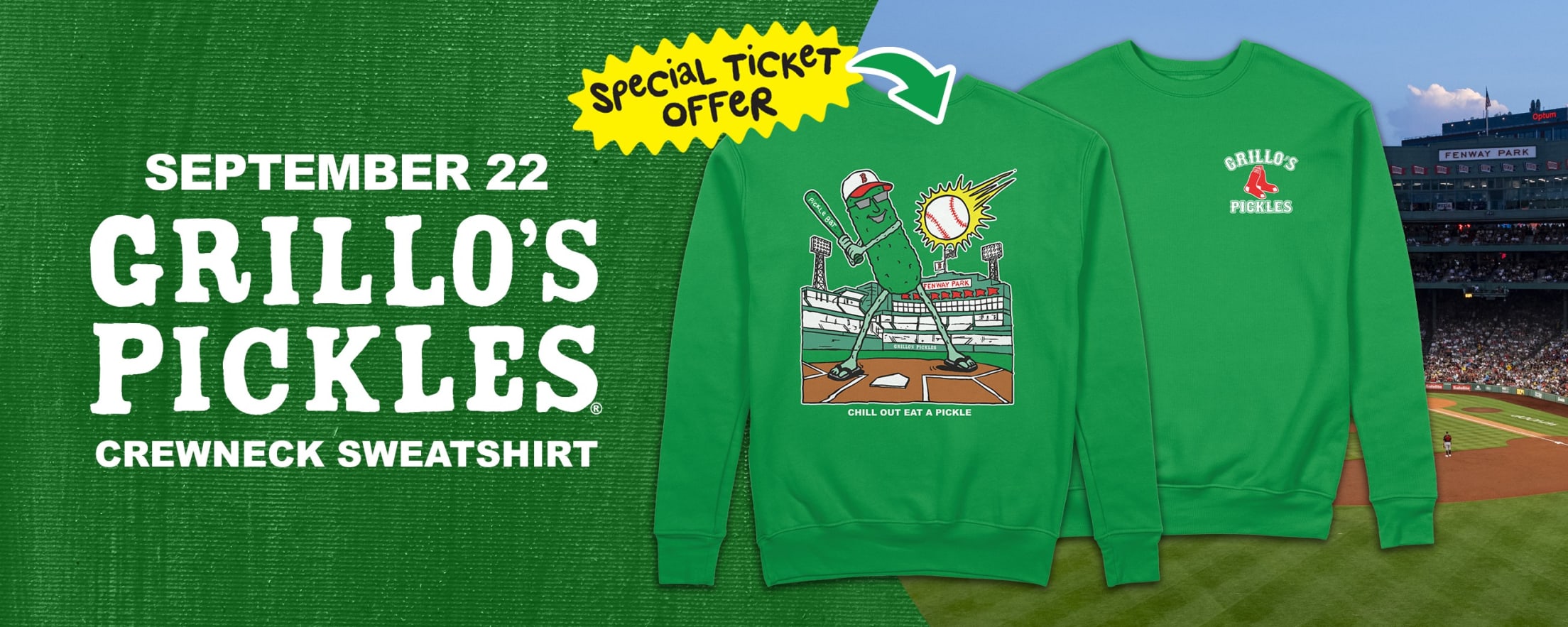 Special Ticket Offer. September 22: Grillo's Pickles Crewneck Sweatshirt.