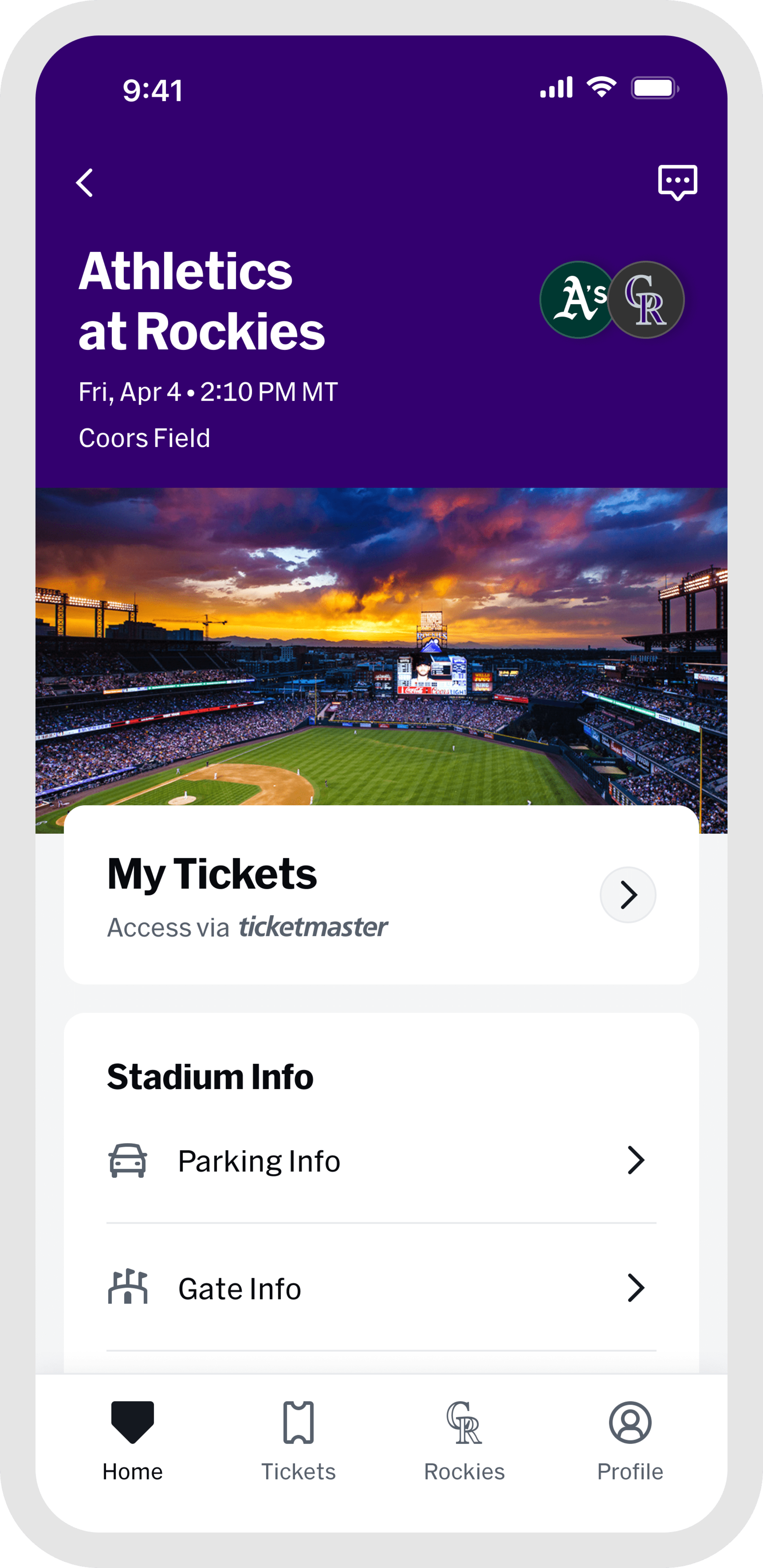MLB Ballpark app Home screen once you are at the game showing gate and parking info.