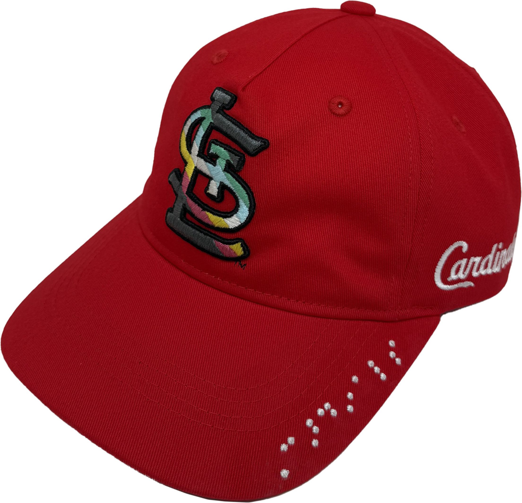 exclusive Cardinals cap featuring the disability pride flag and the braille lettering of Cardinals