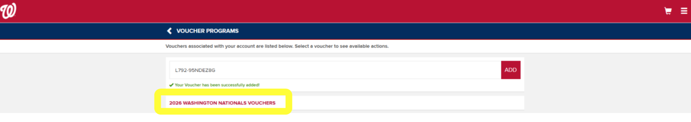 Step 4: Select "2026 WASHINGTON NATIONALS VOUCHERS"