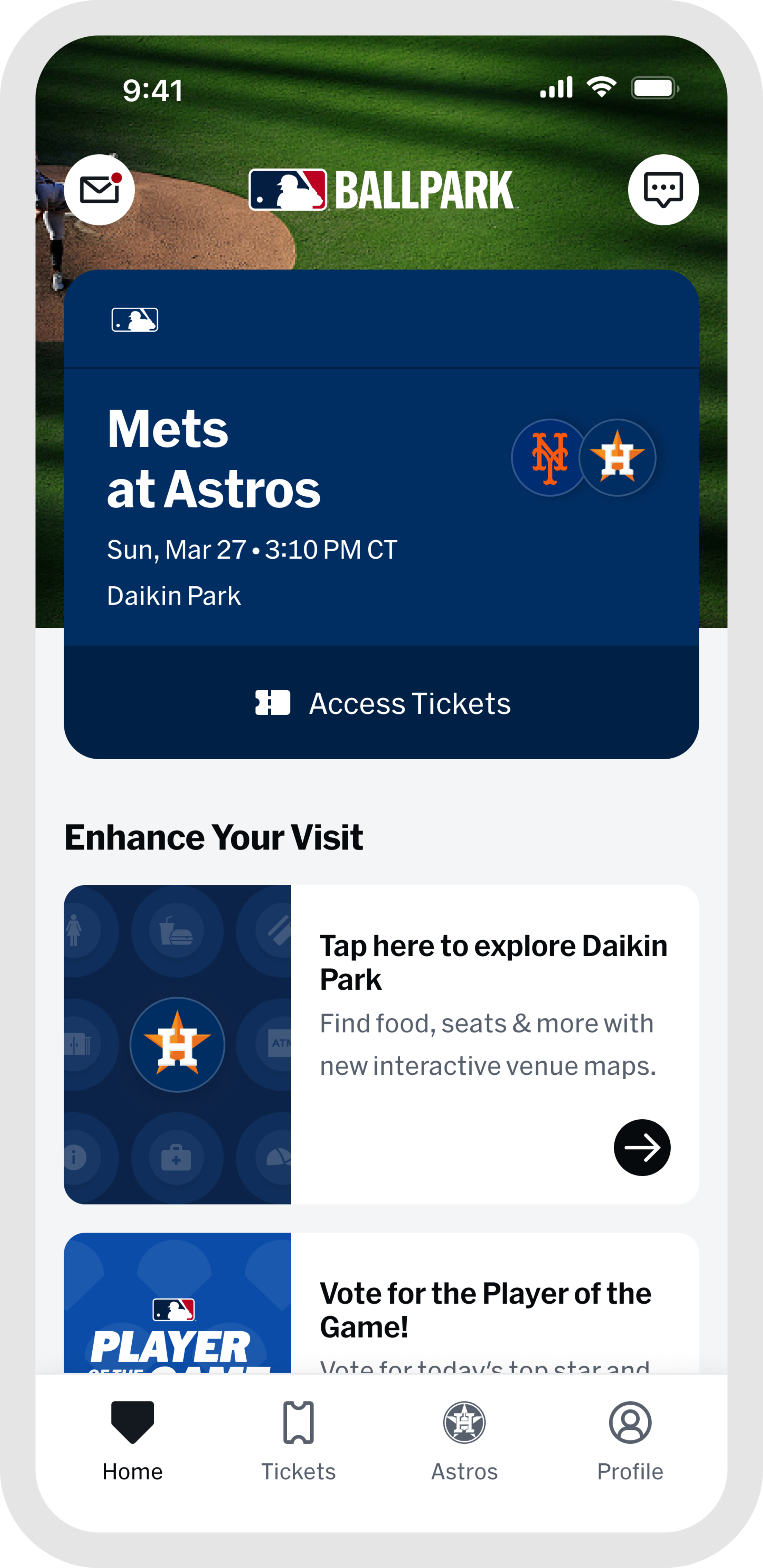 MLB Ballpark App At the Game Home Tab