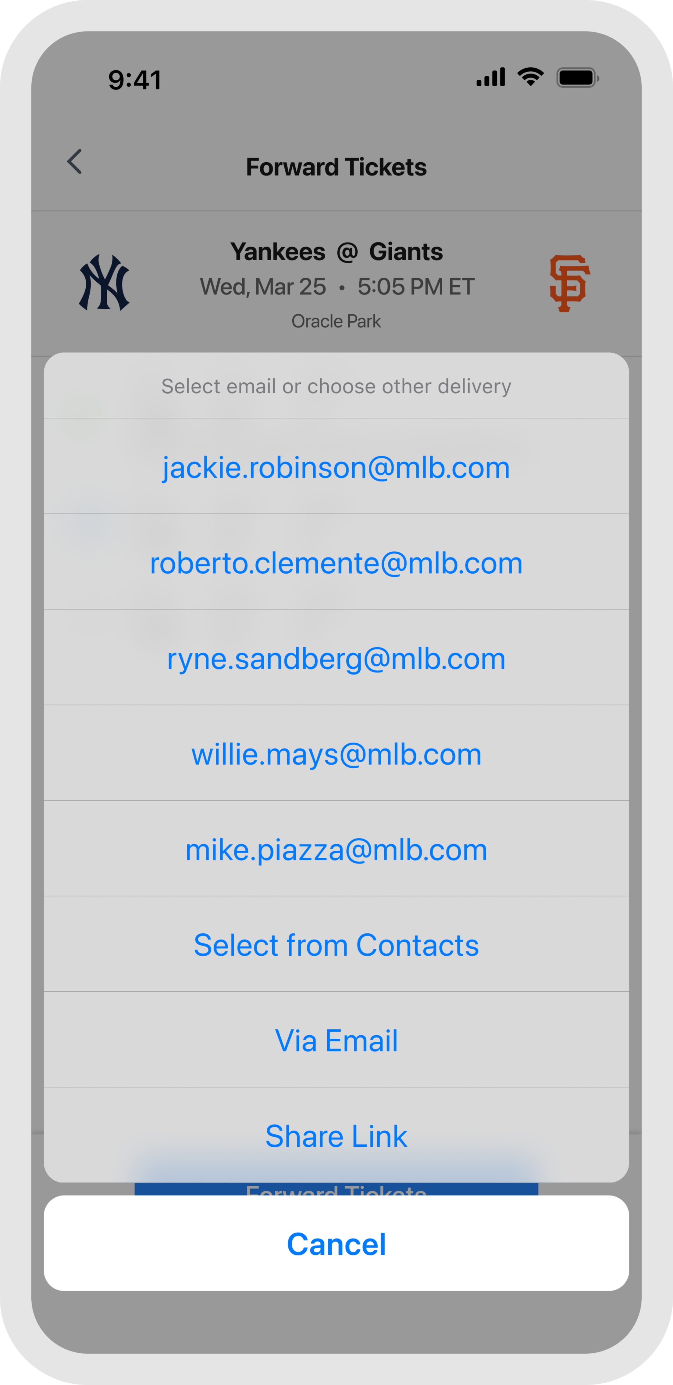 MLB Ballpark app - Giants - Forwarding Tickets