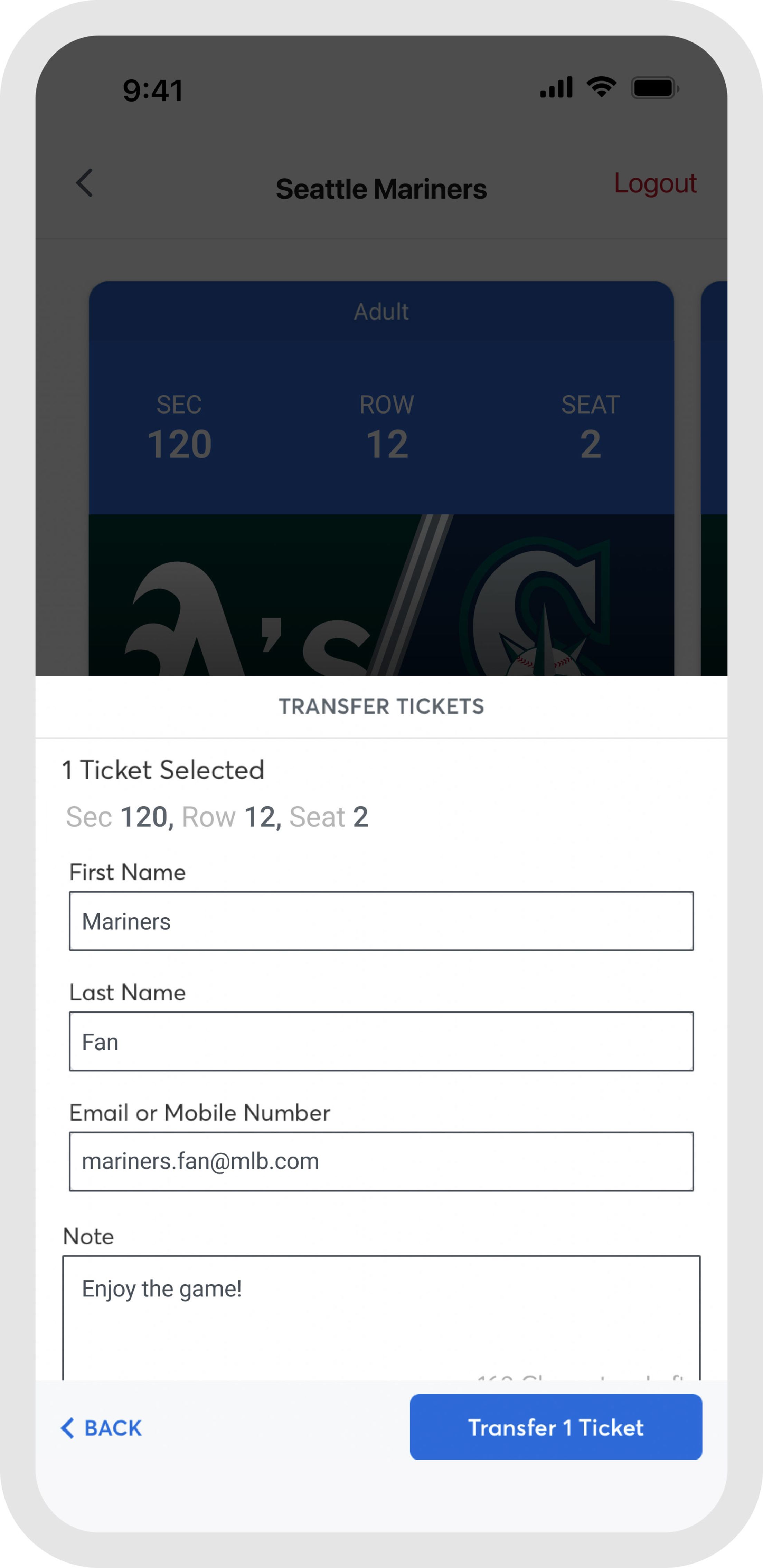 Image of Ballpark app Transfer Tickets - Send