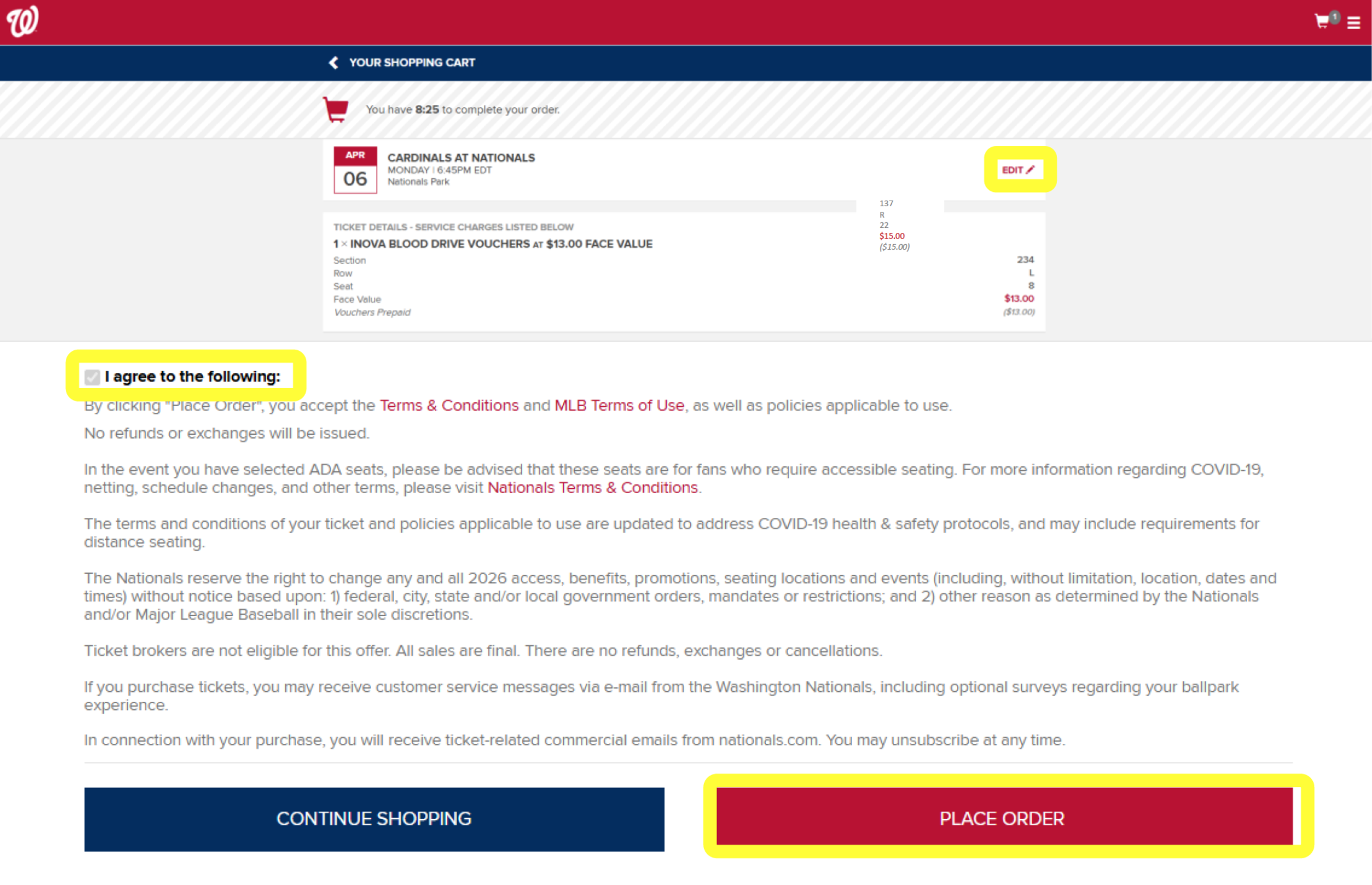 Step 10: Review your order. If you need to make edits, click "EDIT." Scroll to the bottom of the page and check the "I agree to the following" box. Then click "PLACE ORDER"