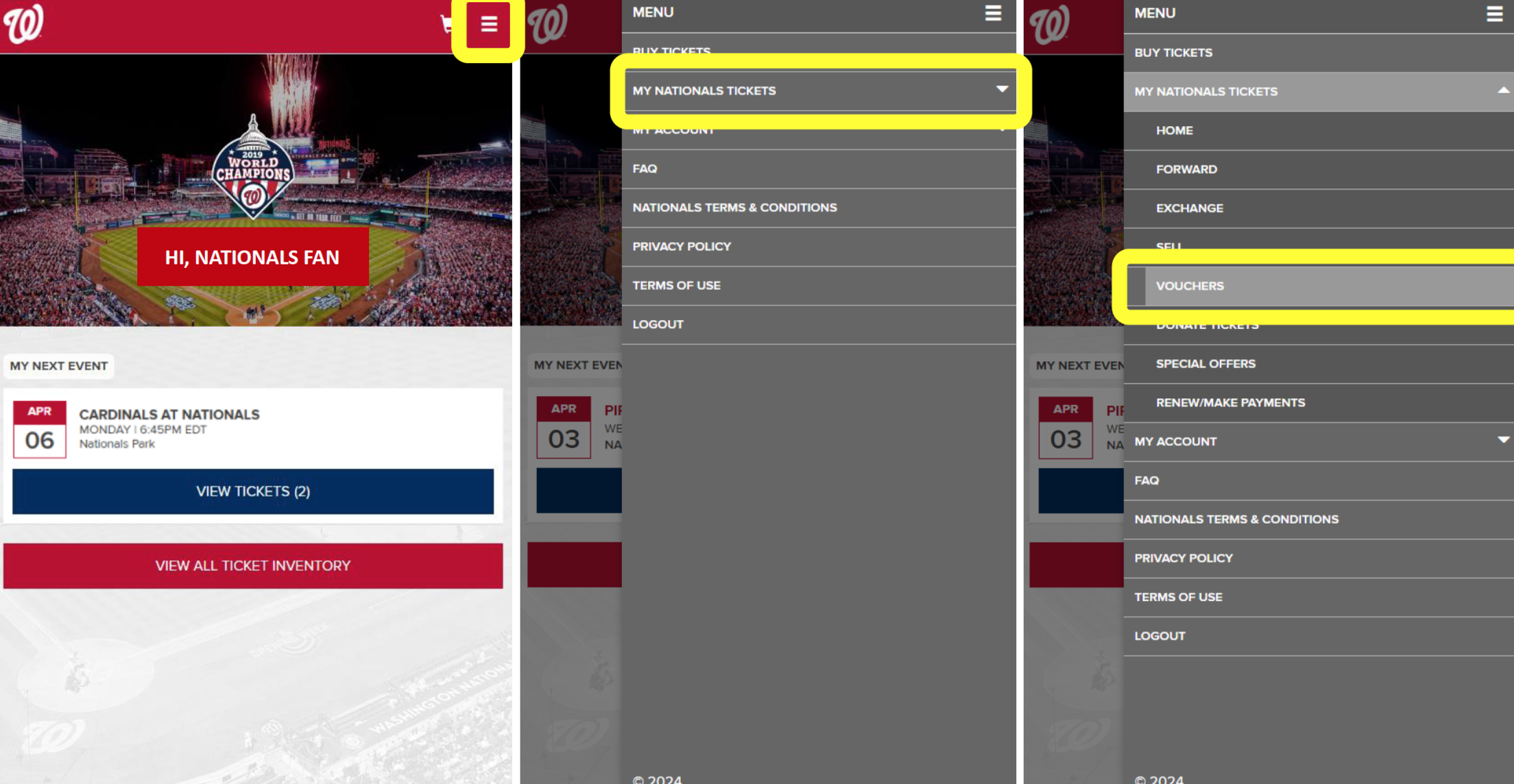If on a smartphone, click the hamburger menu on the top right corner. Then click "MY NATIONALS TICKETS." Then click "VOUCHERS"