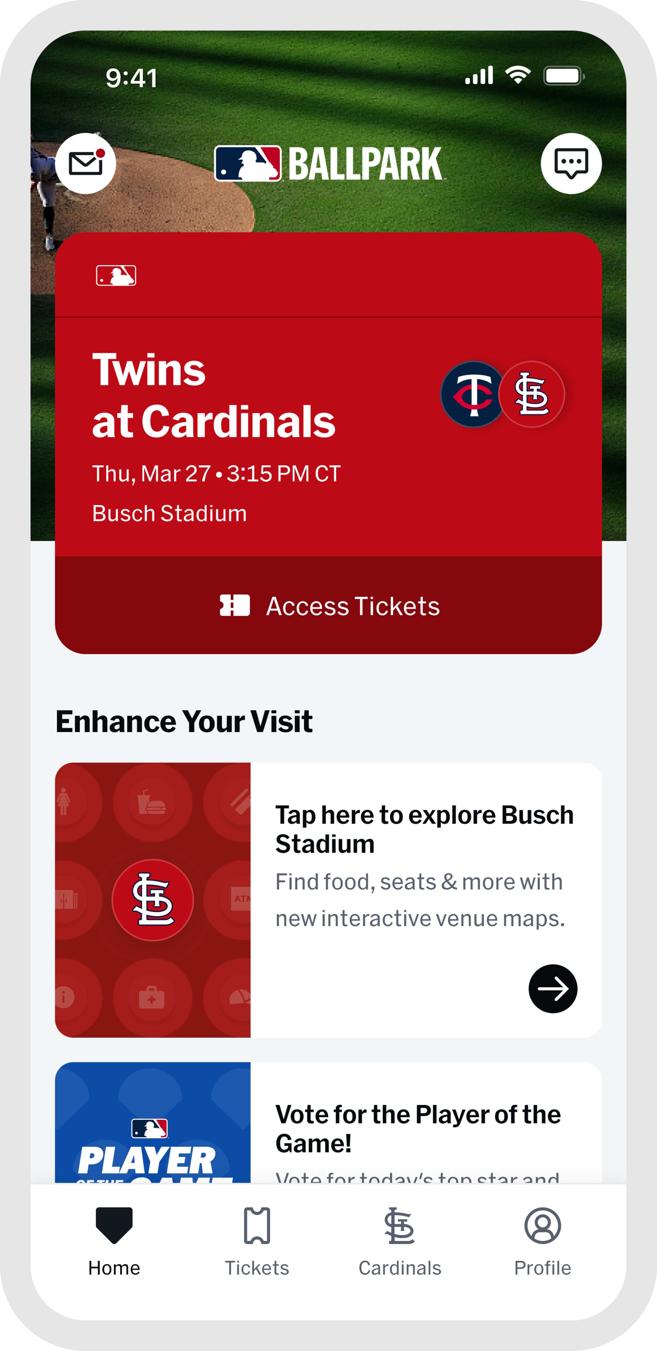MLB Ballpark app At The Game Home Tab