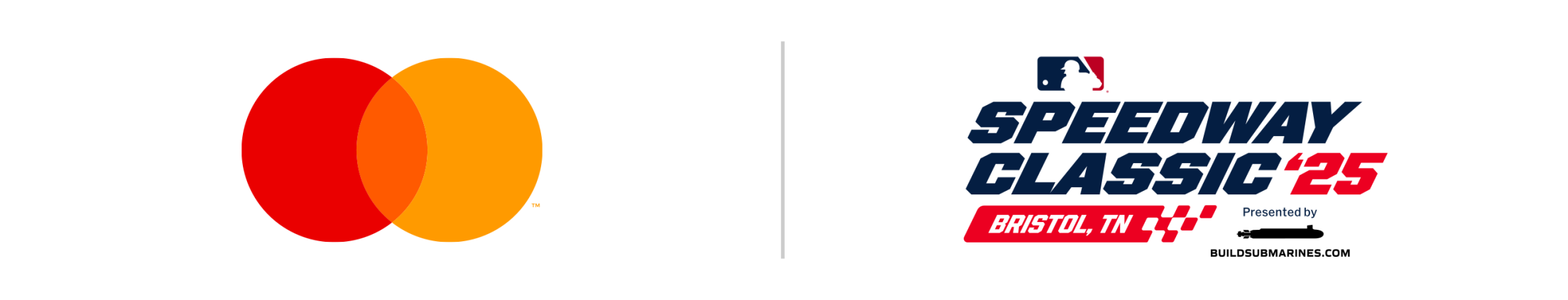 Mastercard logo and the 2025 MLB Speedway Classic logo