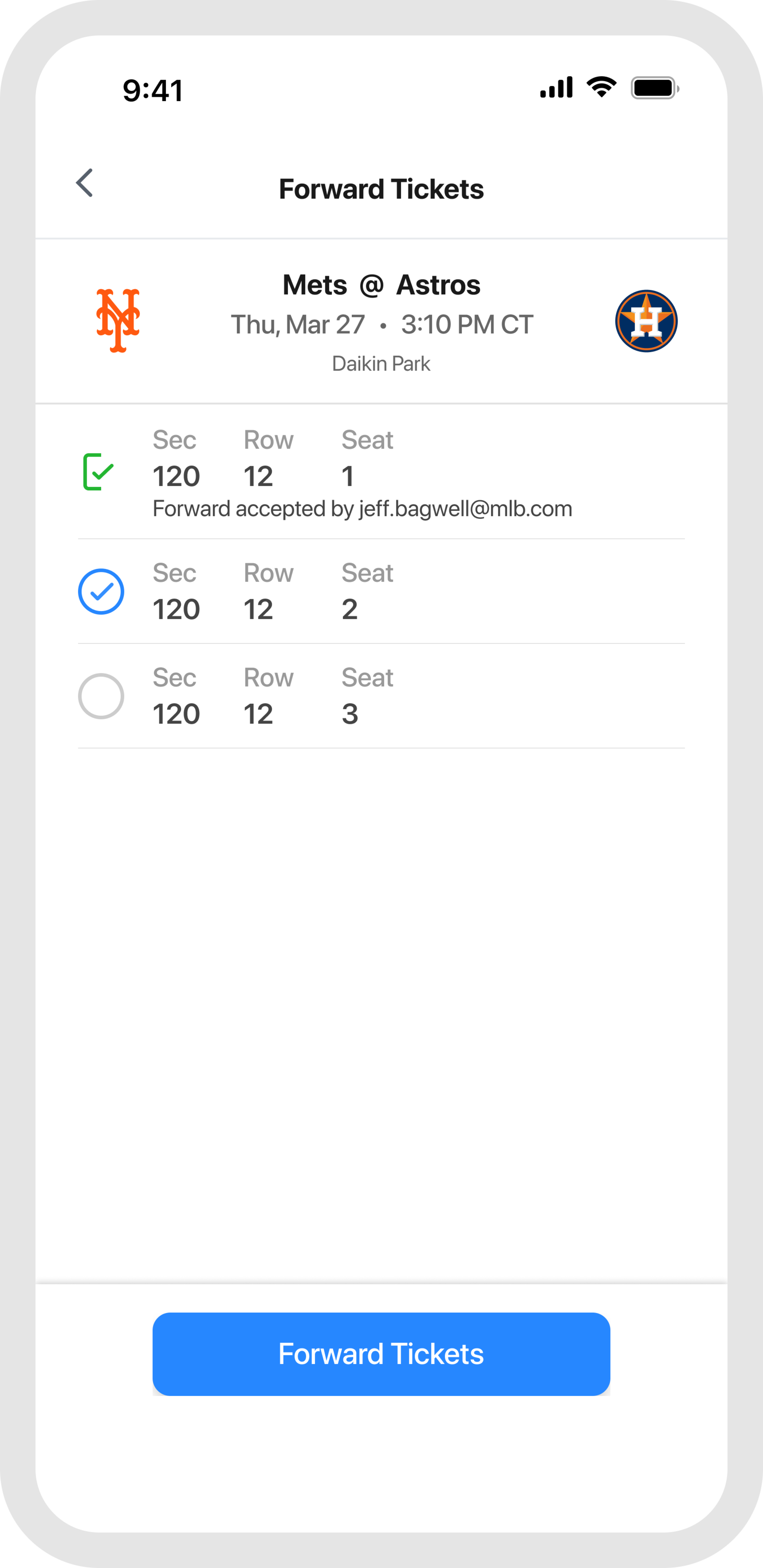 MLB Ballpark App Forward Tickets