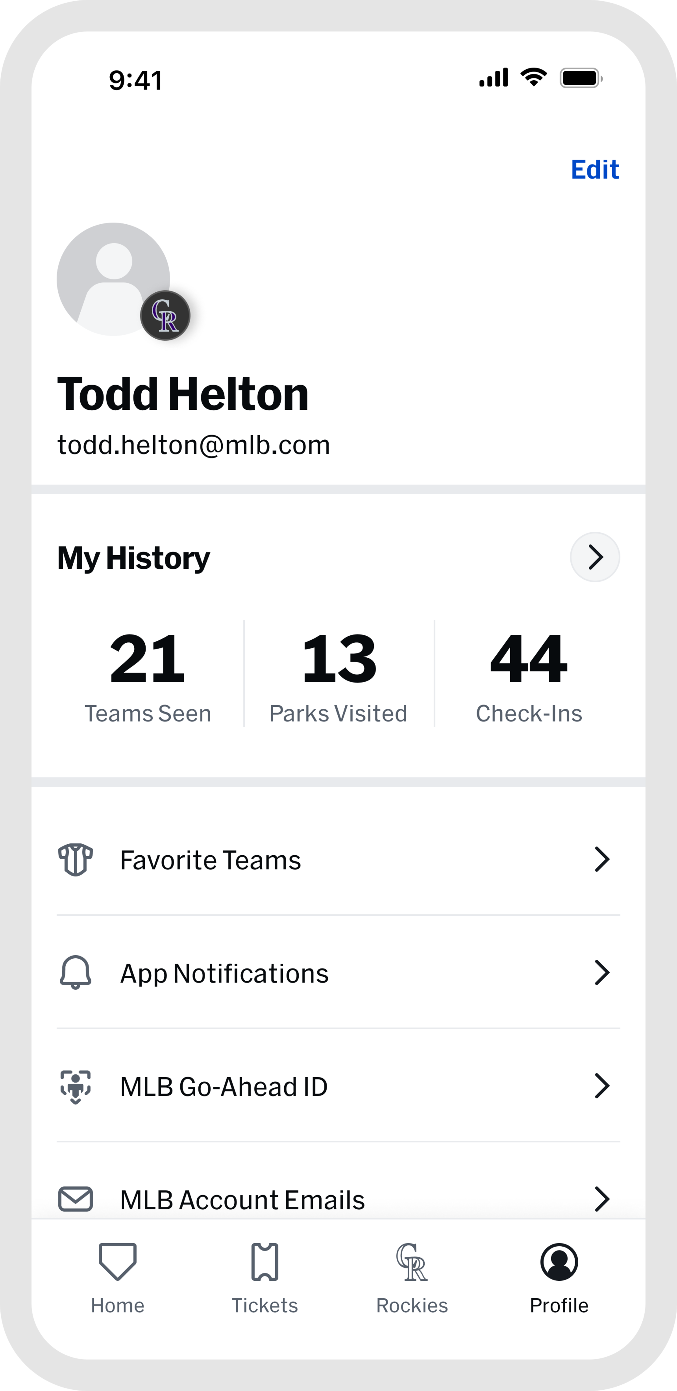 MLB Ballpark app profile screen where you can verify your email to access your tickets.