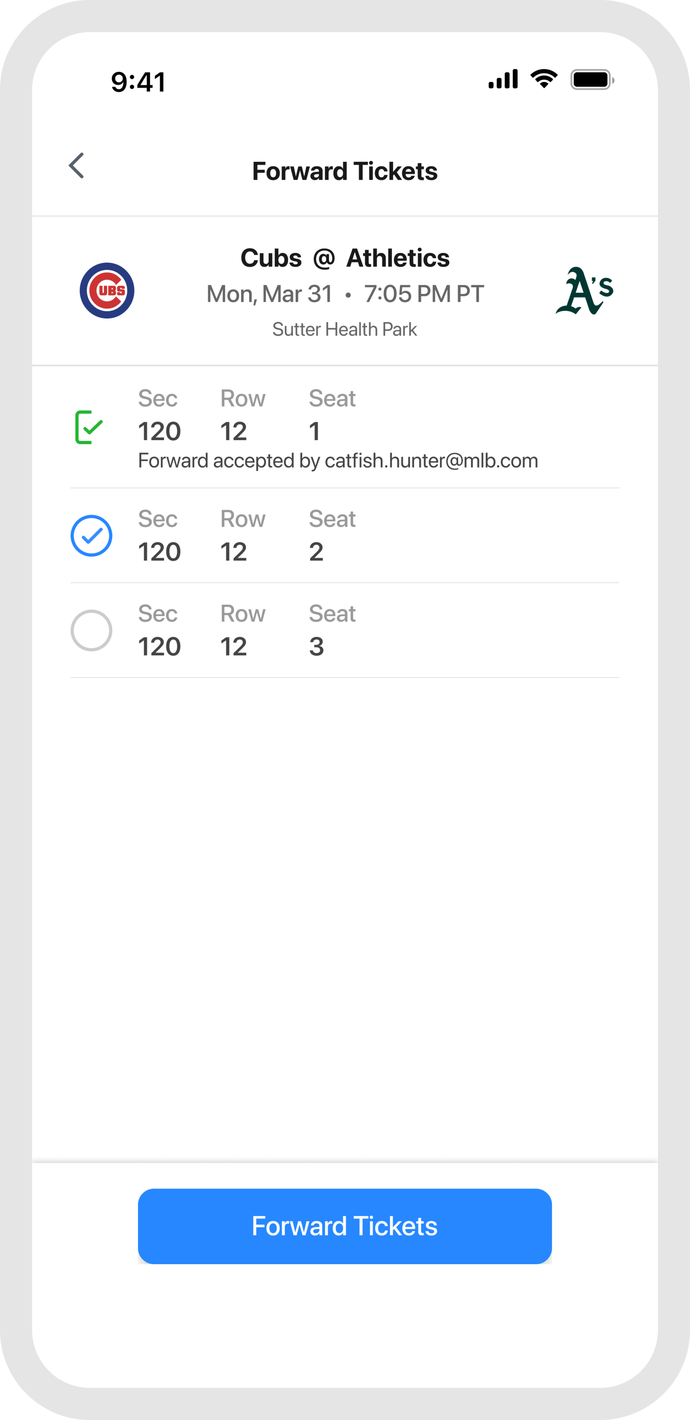 MLB Ballpark app - Forwarding Tickets - Select