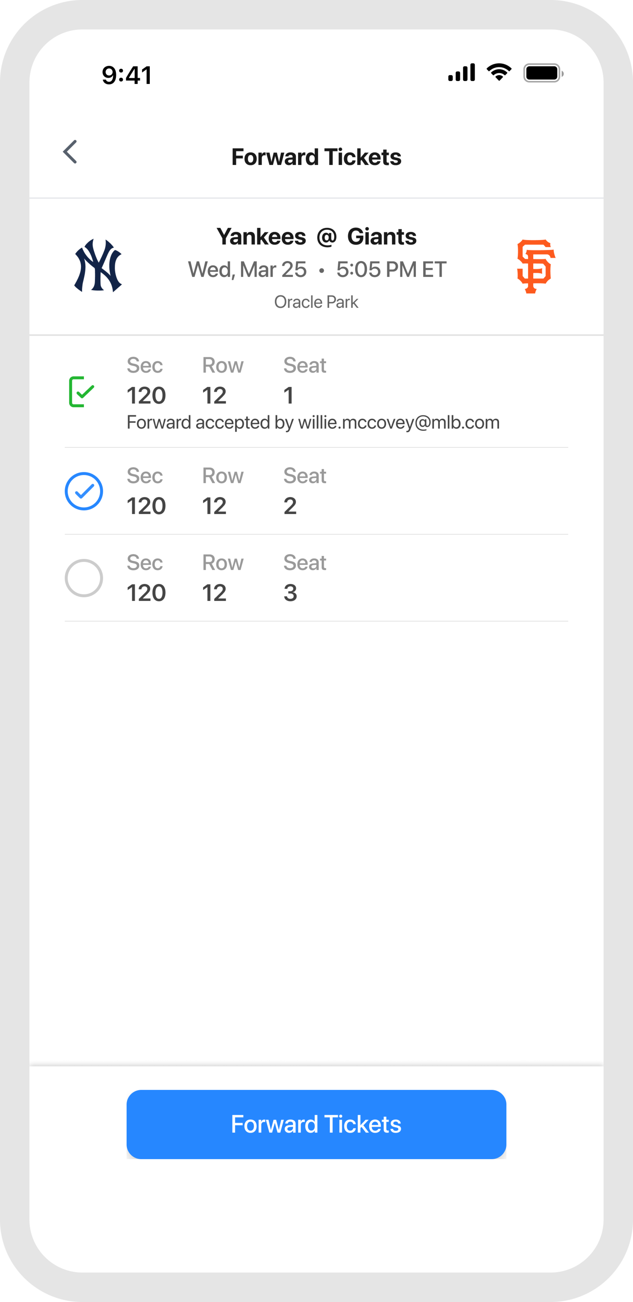 MLB Ballpark app - Giants - Forwarding Tickets