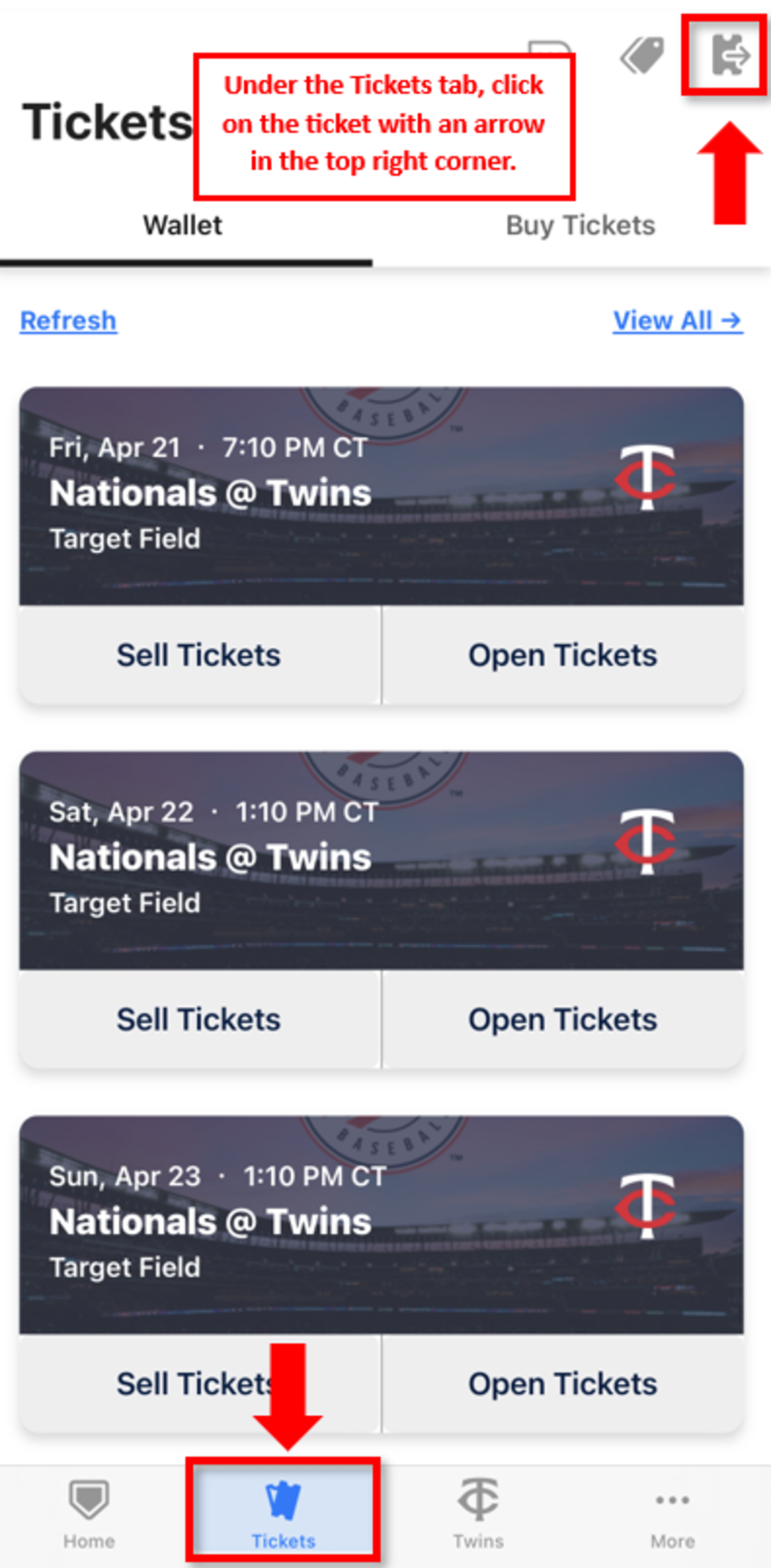 Under the Tickets tab, click on the ticket with an arrow in the top right corner.