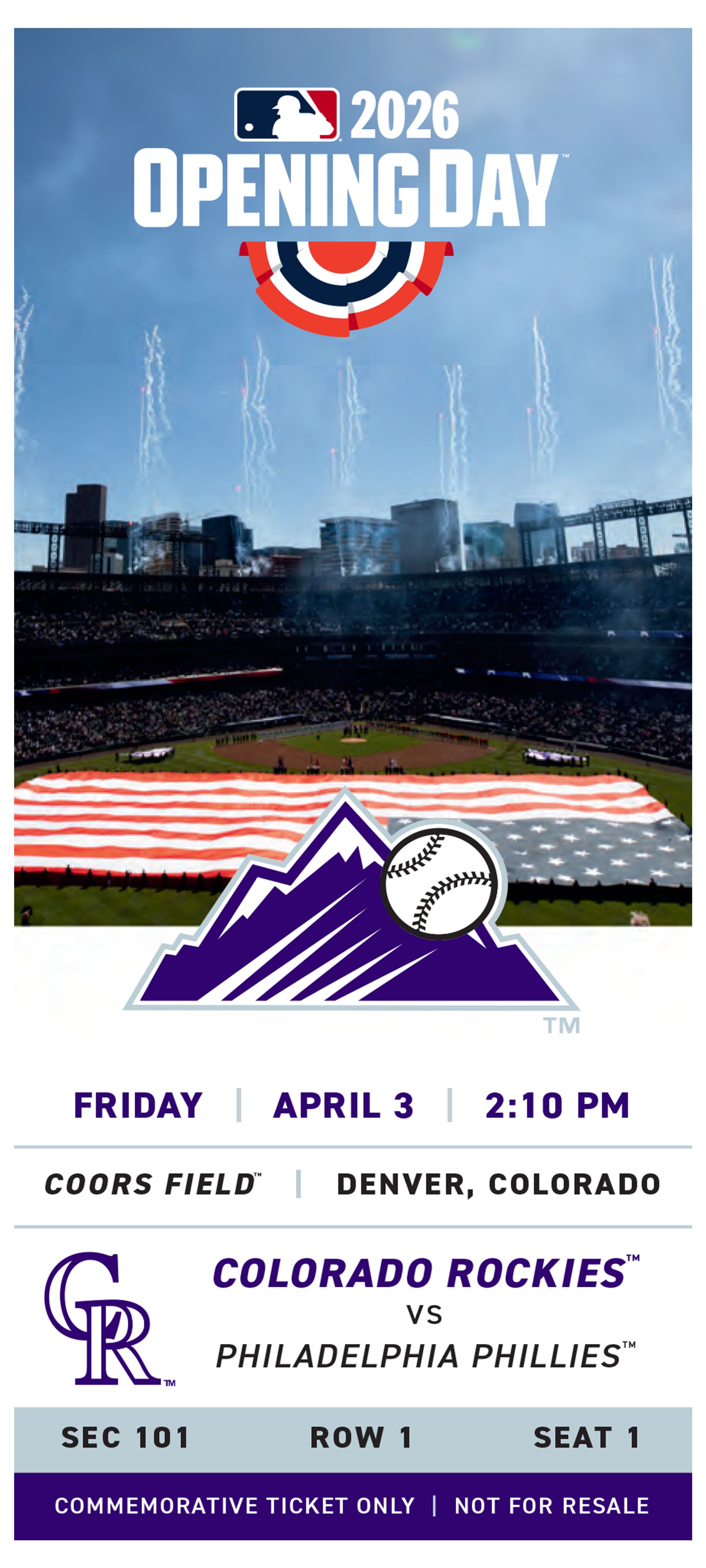 Colorado Rockies commemorative 2026 Opening Day ticket template