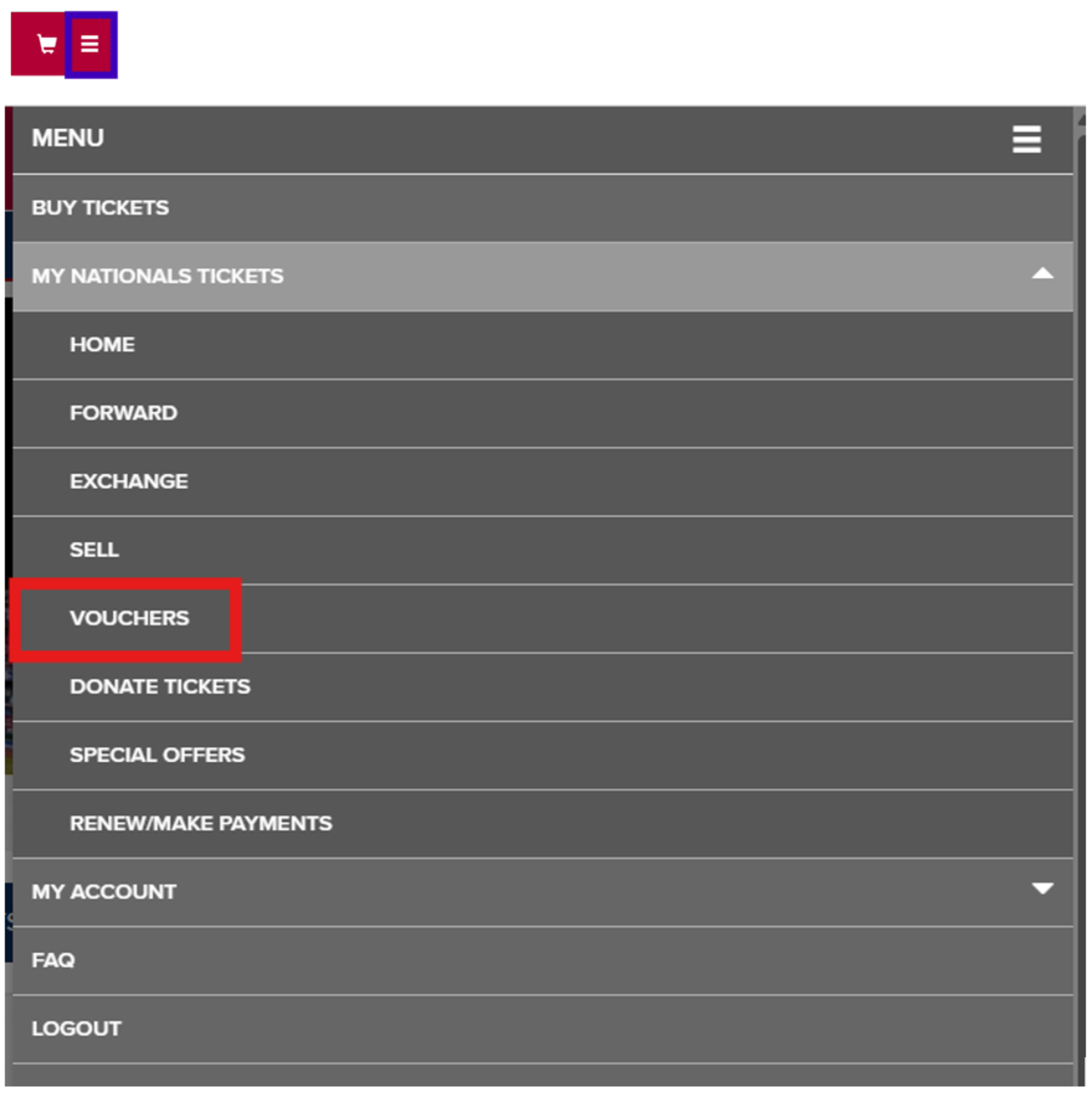Menu in the right-hand corner