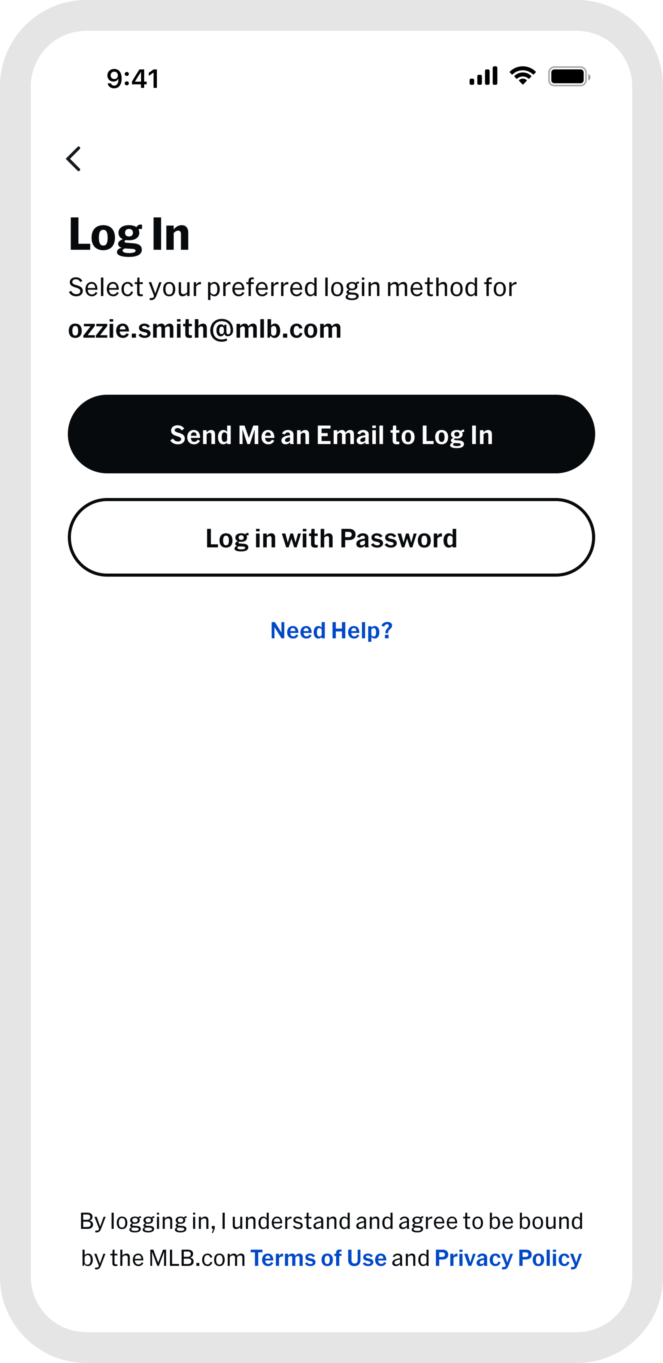 MLB Ballpark app Loging In