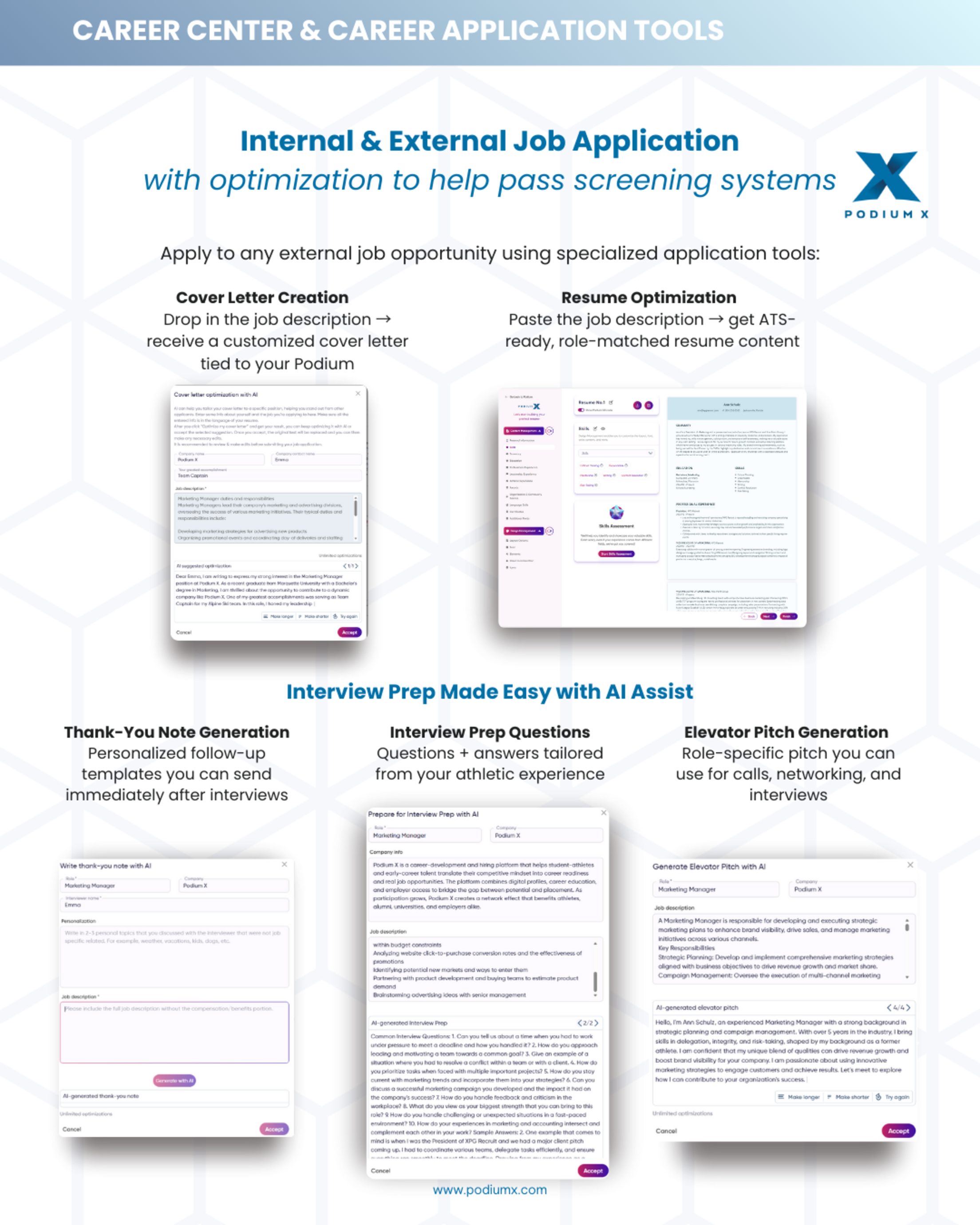 Podium X - Internal and External Job Application (with optimization to help pass screening systems), and Interview prep made easy with AI Assist