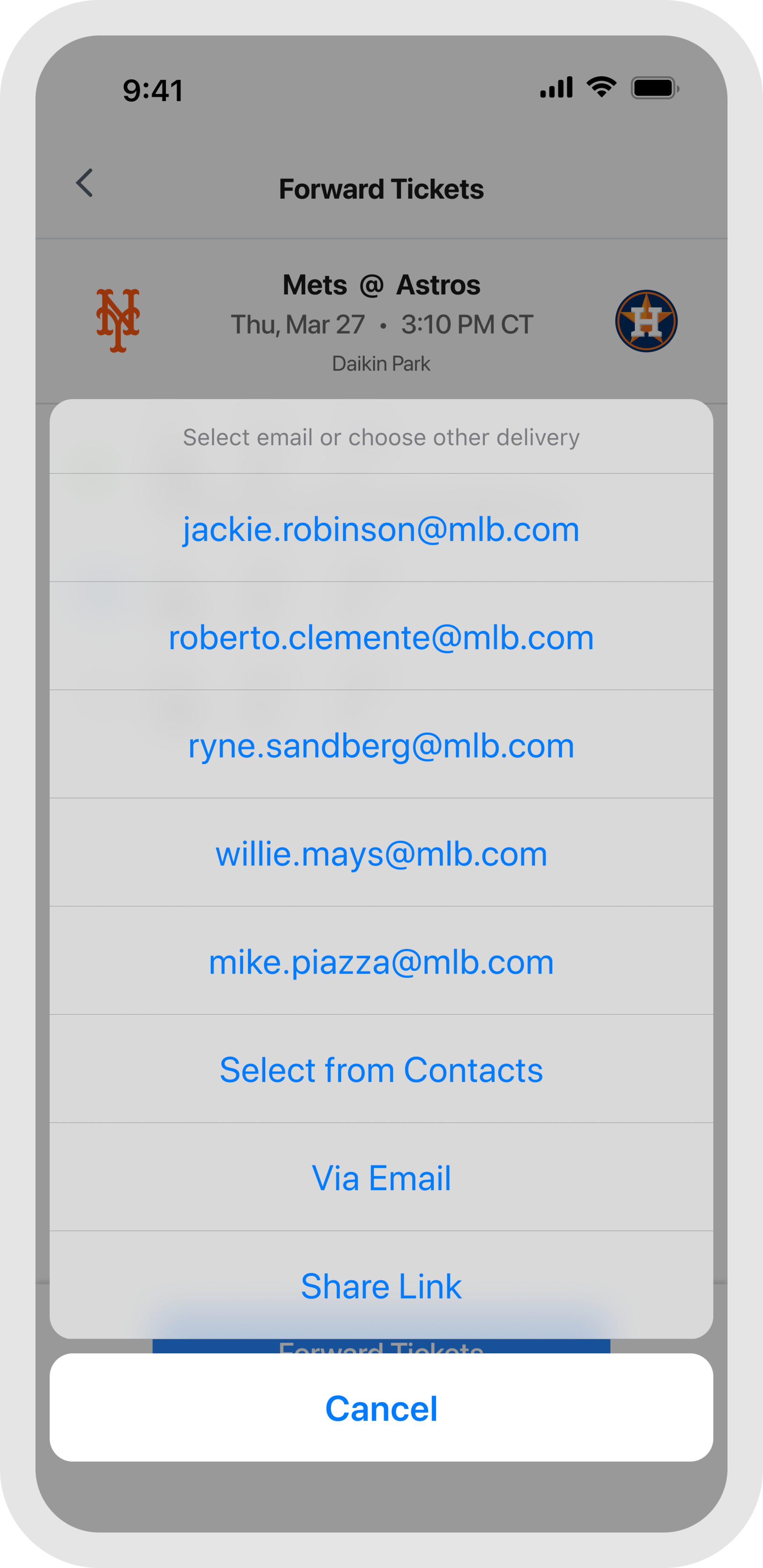 MLB Ballpark App Forward Tickets Send