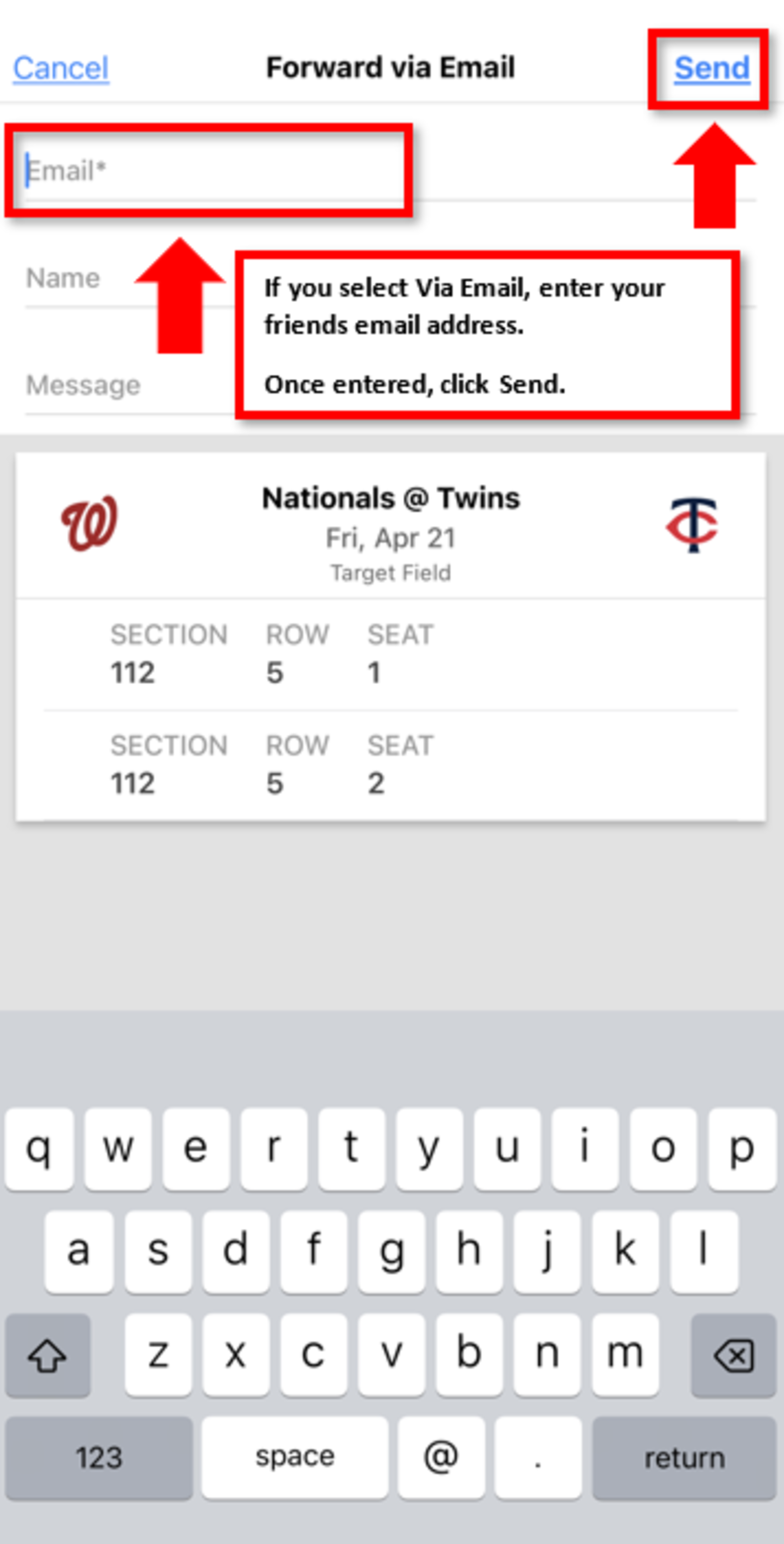 If you select Via Email, enter your friend's email address. Once entered, click Send.