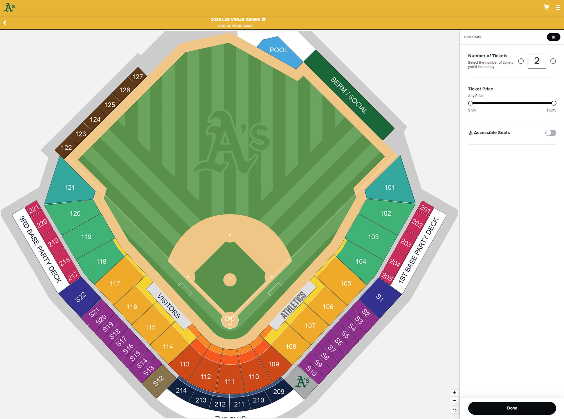 Select “1 Event” in the box. From this screen, you are able to click into a section to select available seats. Max of 6 tickets, minimum of 1.