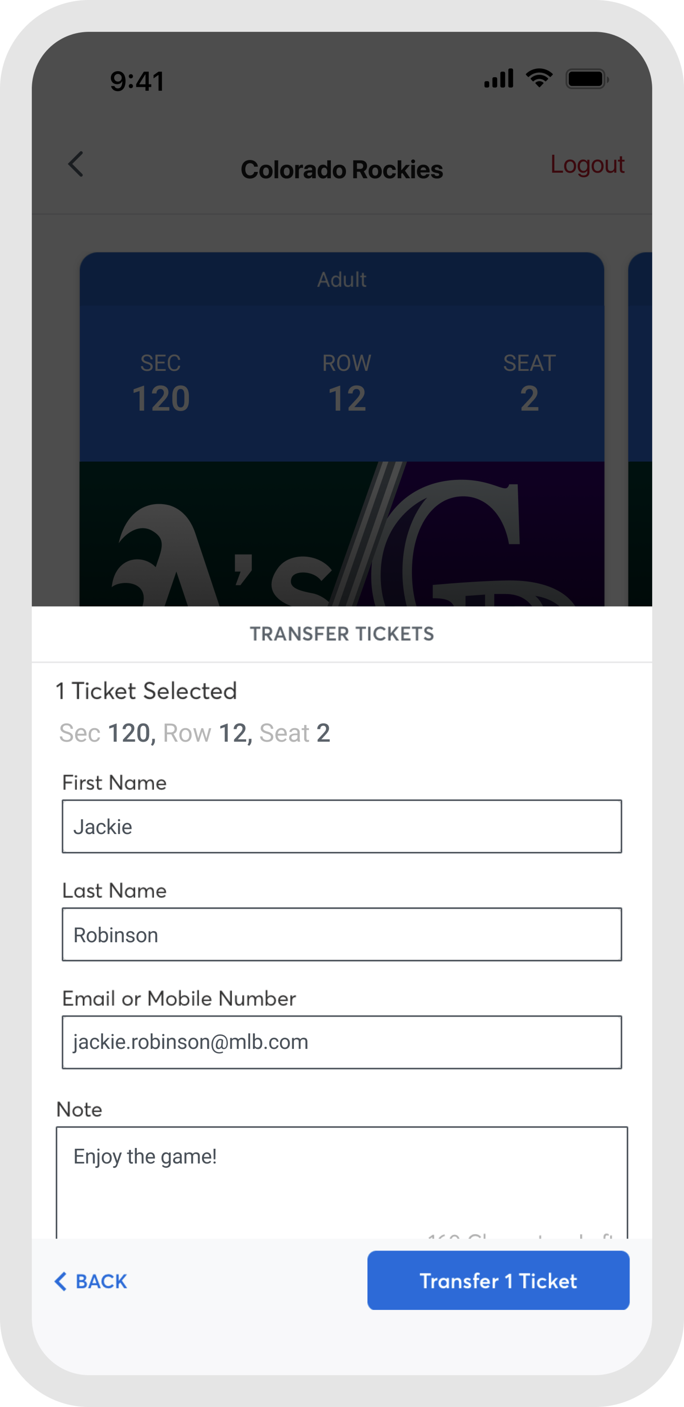 MLB Ballpark app ticket send screen for forwarding tickets.