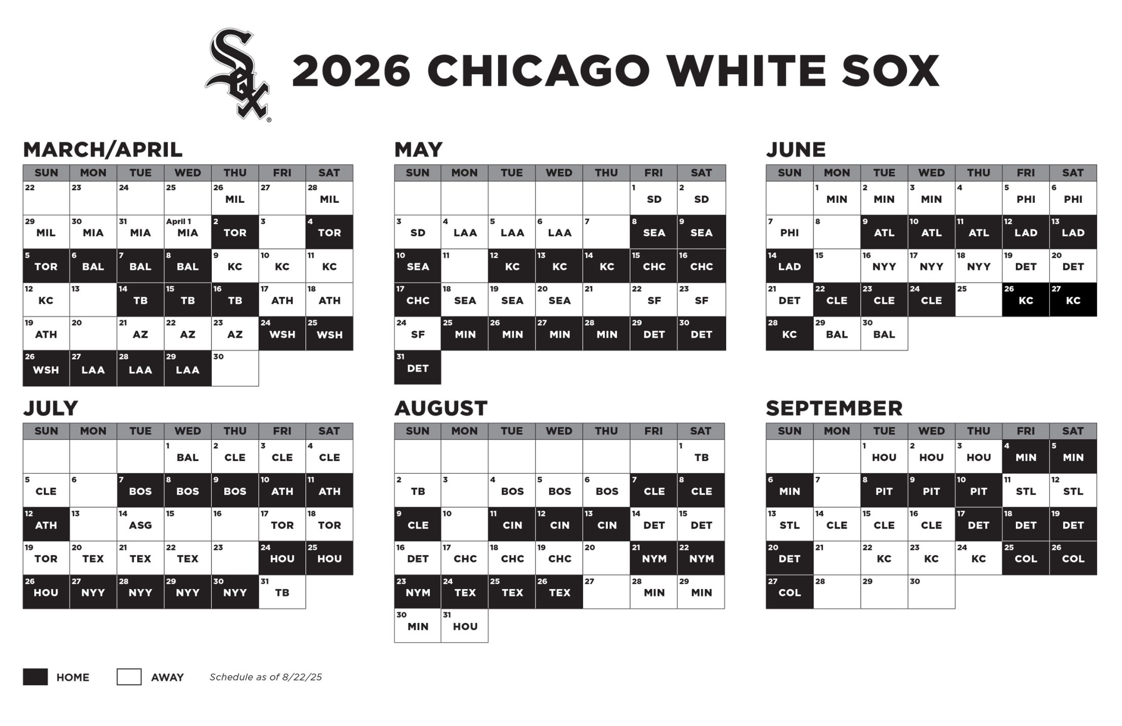 2026 White Sox Printable Schedule