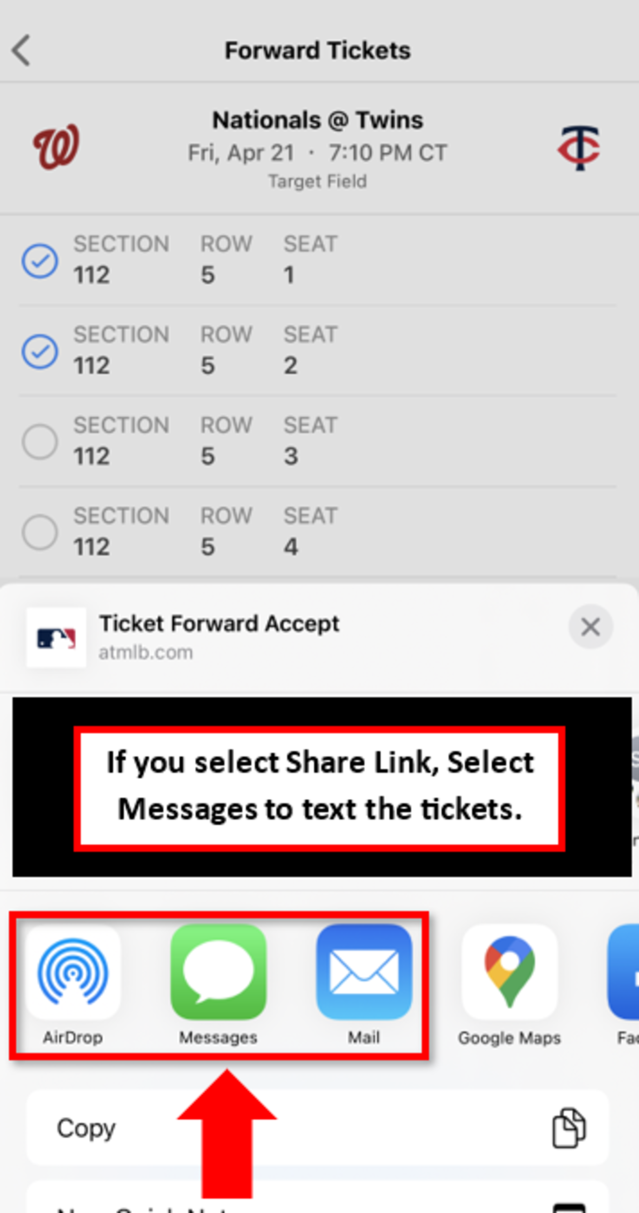 If you select Share Link, Select Messages to text the tickets