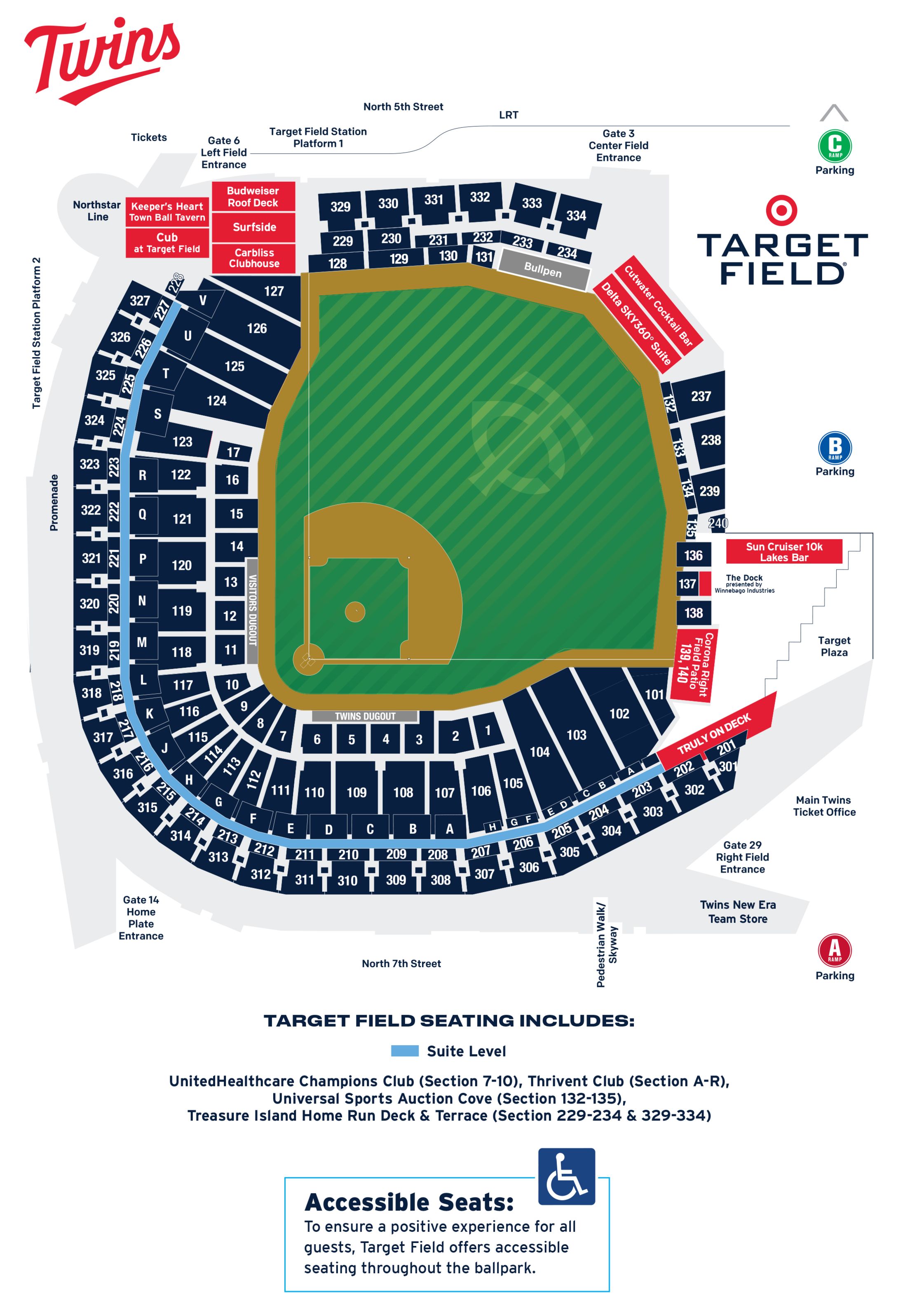 Minnesota Twins Seating Map. Accessible Seats: To ensure a positive experience for all guests, Target Field offers accessible seating throughout the ballpark.