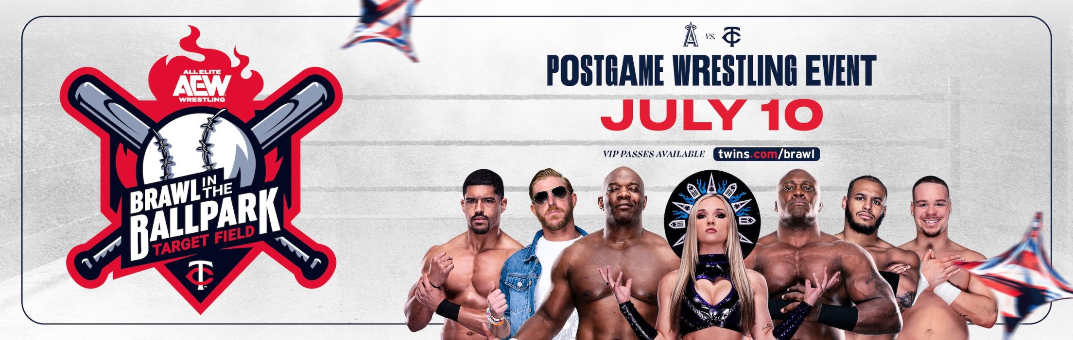 Brawl in the Ballpark. Postgame Wrestling Event, July 10. Angels vs Twins. VIP Passes Available.
