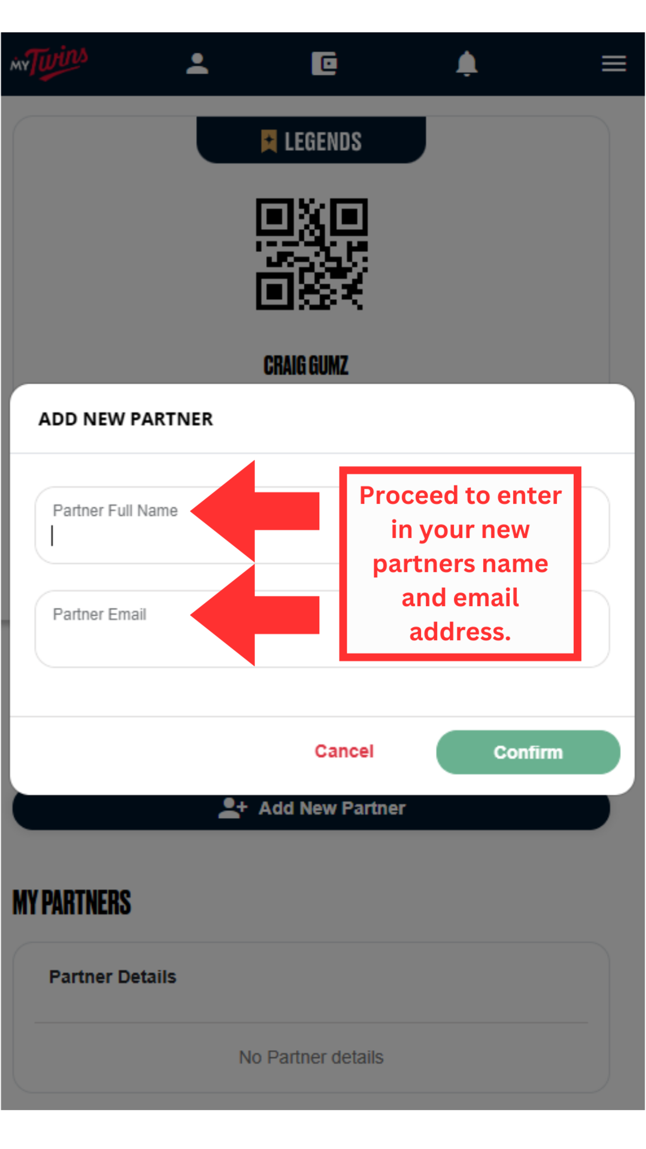 Proceed to enter in your new partner's name and email address.